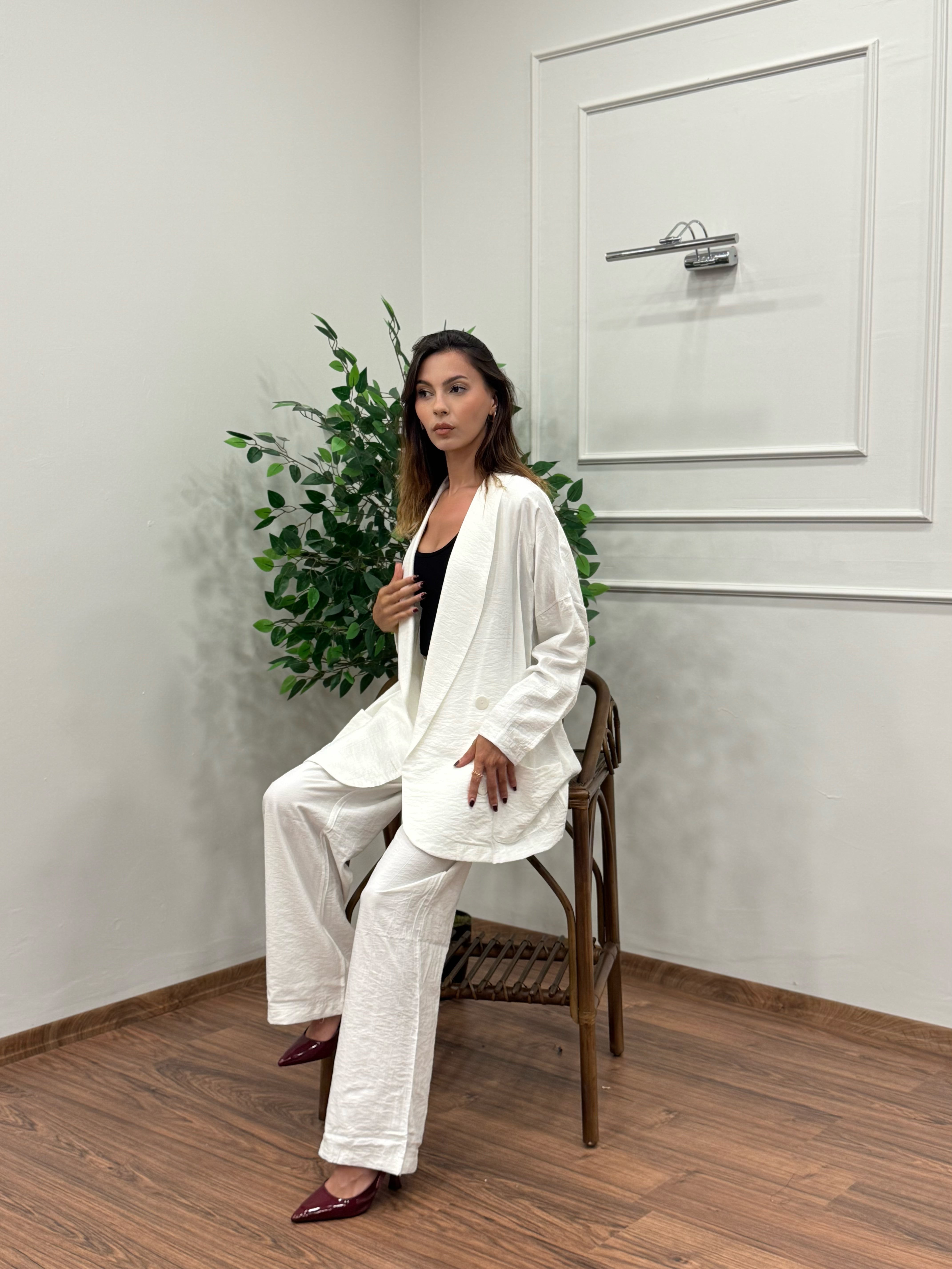 Müslin Blazer Ceket Pantolon Beyaz Takım