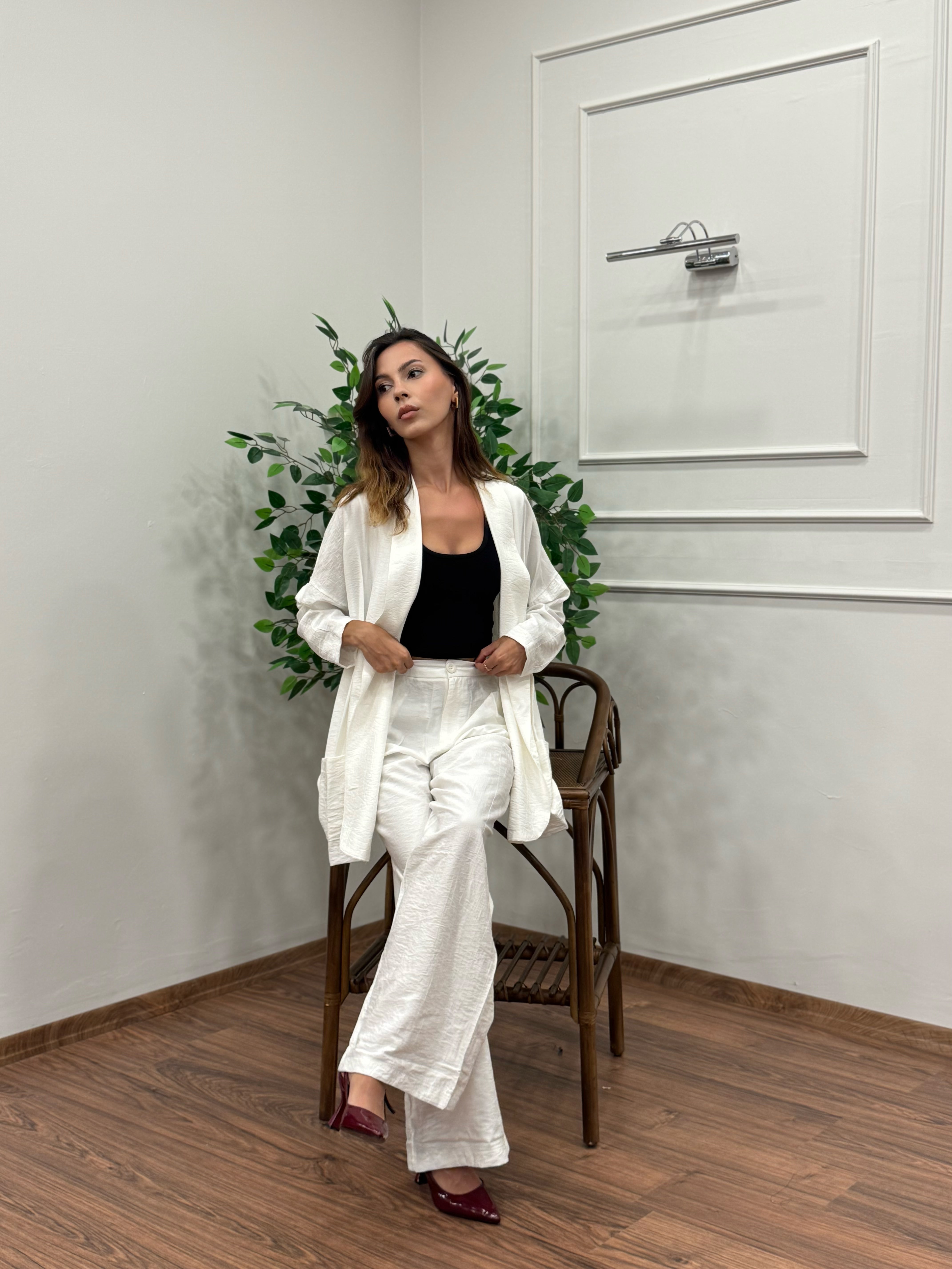 Müslin Blazer Ceket Pantolon Beyaz Takım