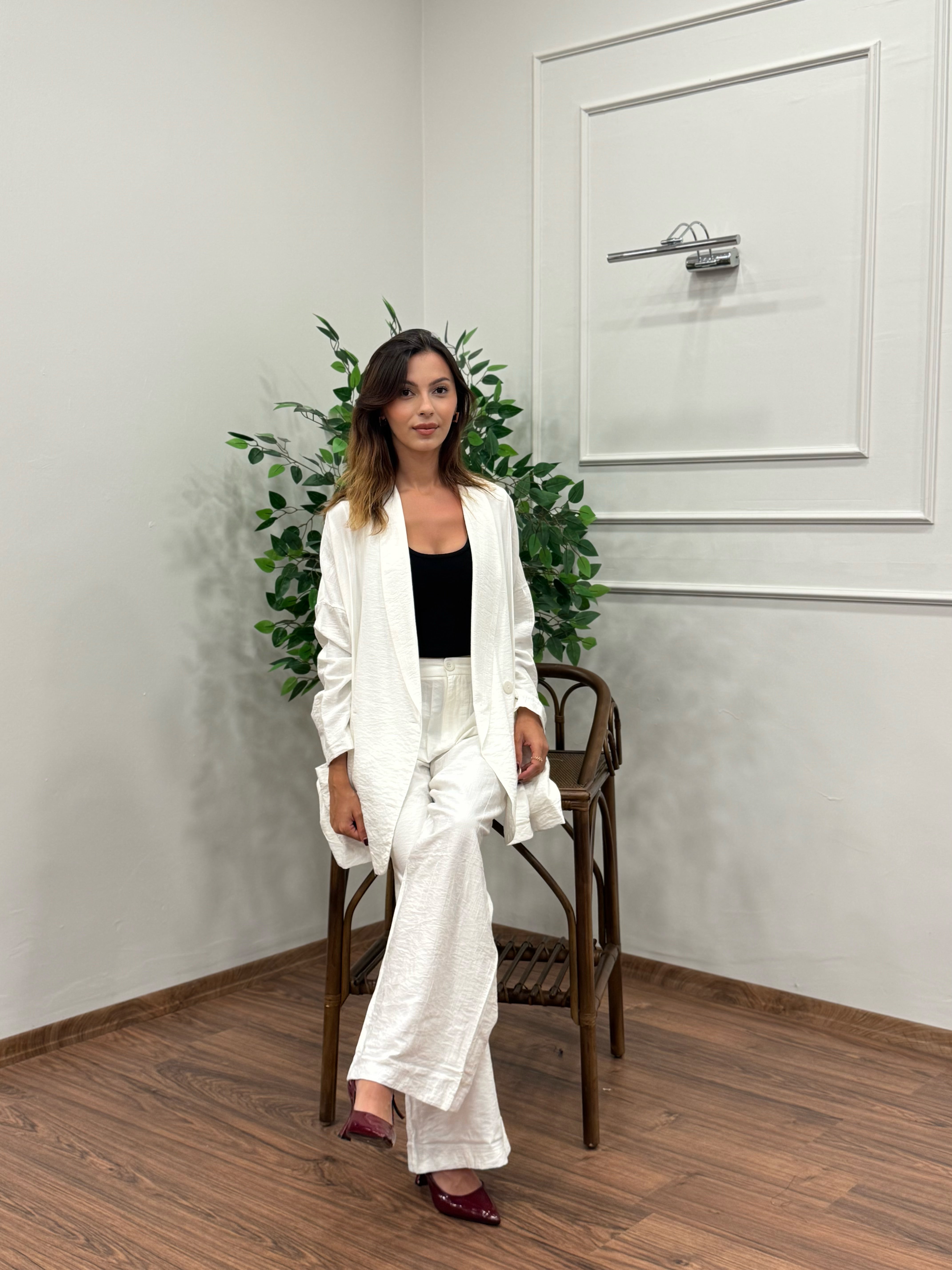 Müslin Blazer Ceket Pantolon Beyaz Takım