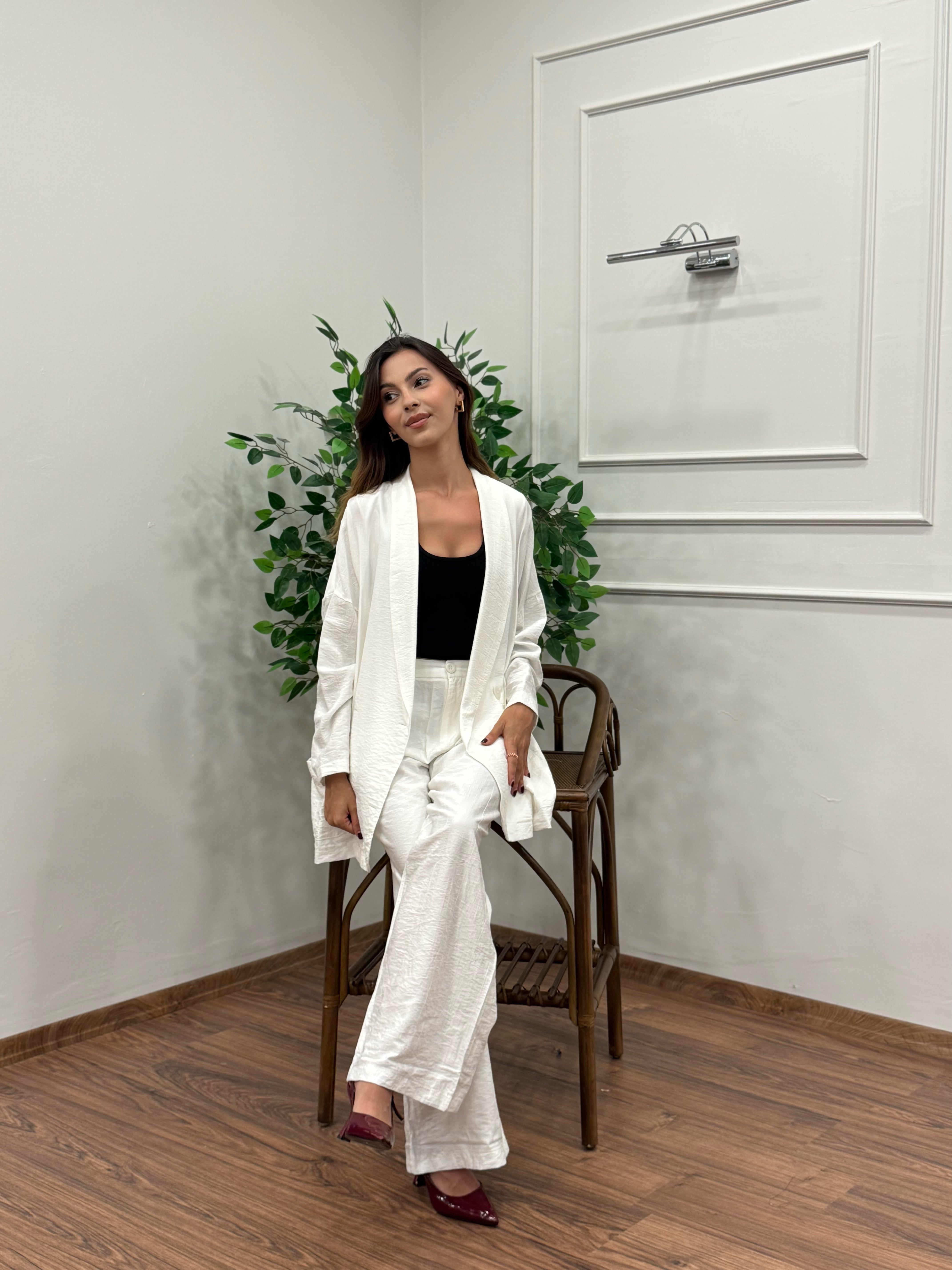 Müslin Blazer Ceket Pantolon Beyaz Takım