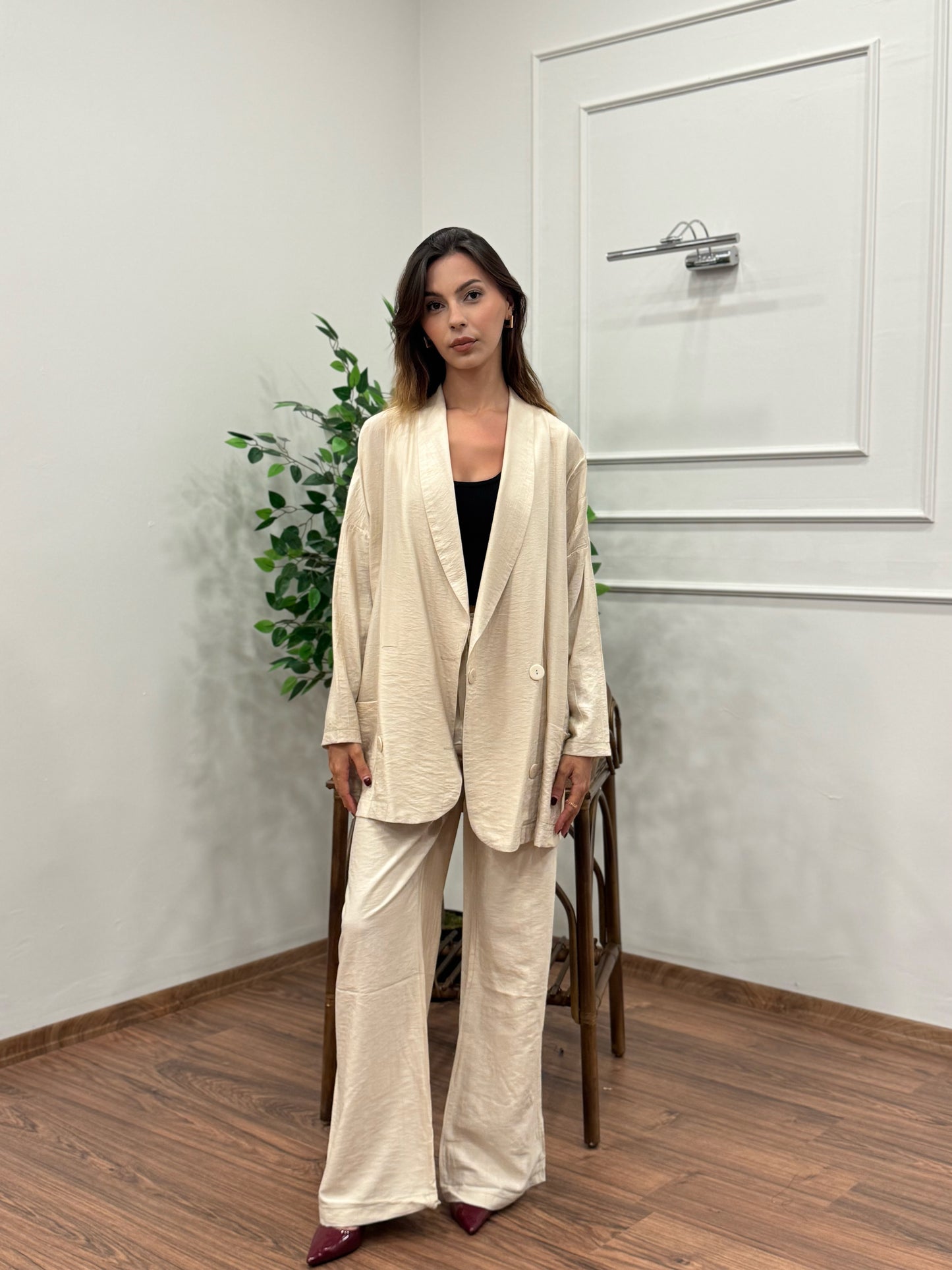 Müslin Blazer Ceket Pantolon Bej Takım