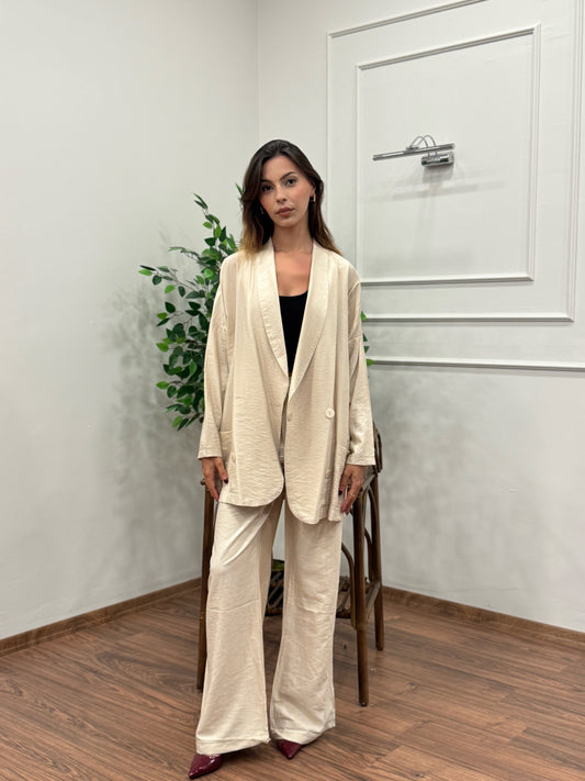 Müslin Blazer Ceket Pantolon Bej Takım
