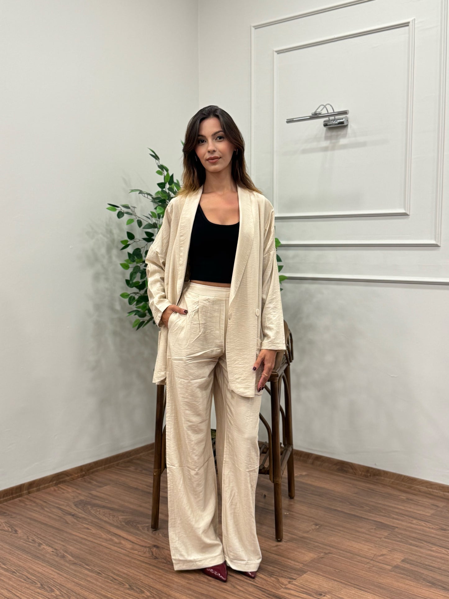 Müslin Blazer Ceket Pantolon Bej Takım