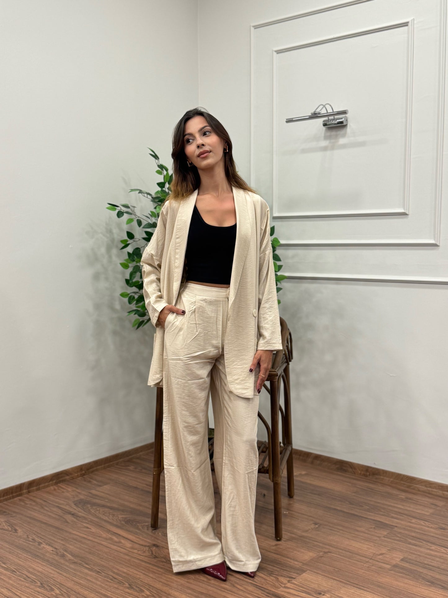 Müslin Blazer Ceket Pantolon Bej Takım