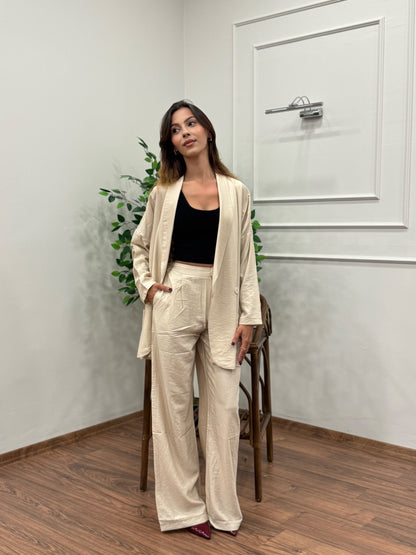 Müslin Blazer Ceket Pantolon Bej Takım