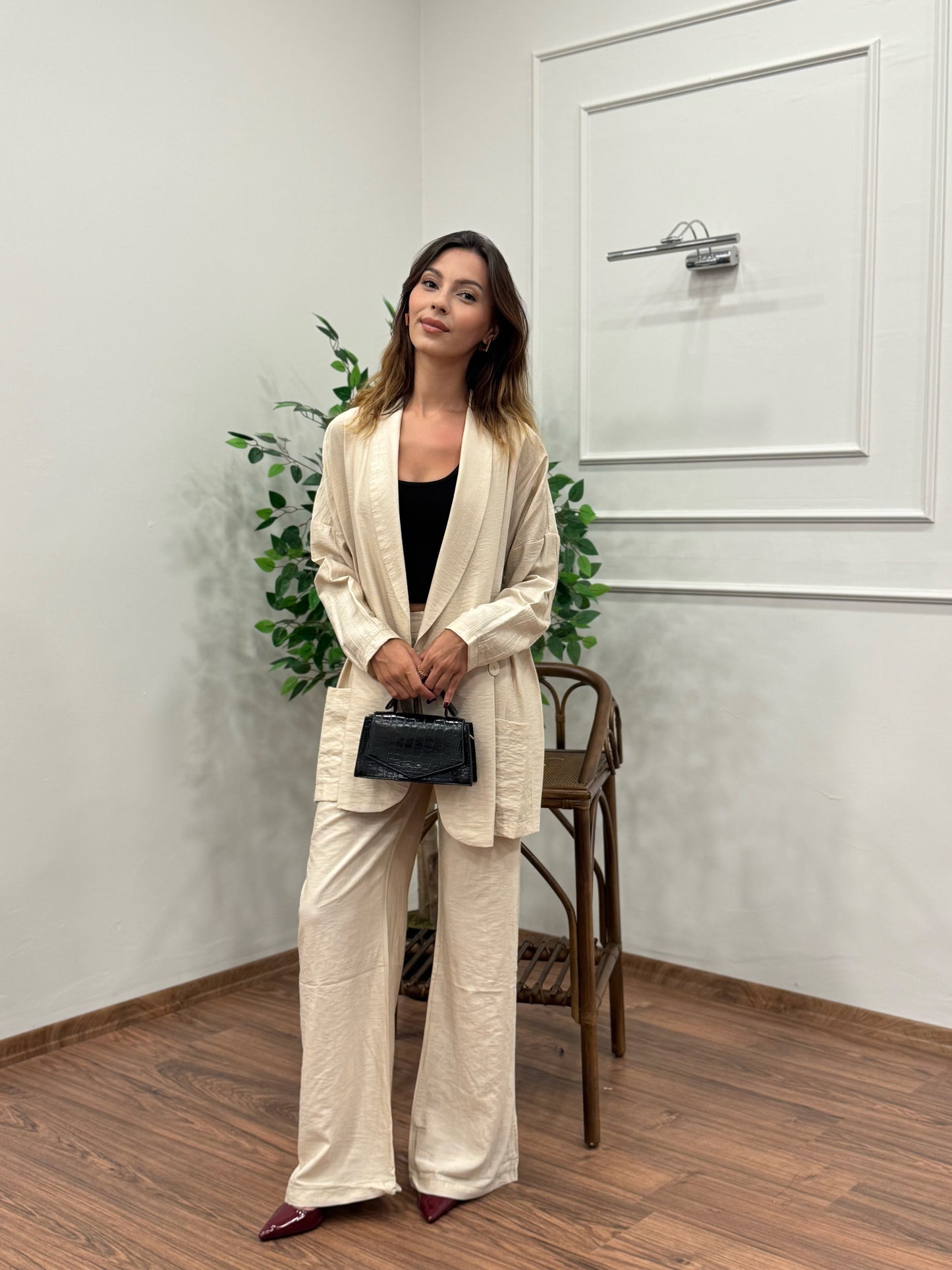 Müslin Blazer Ceket Pantolon Bej Takım