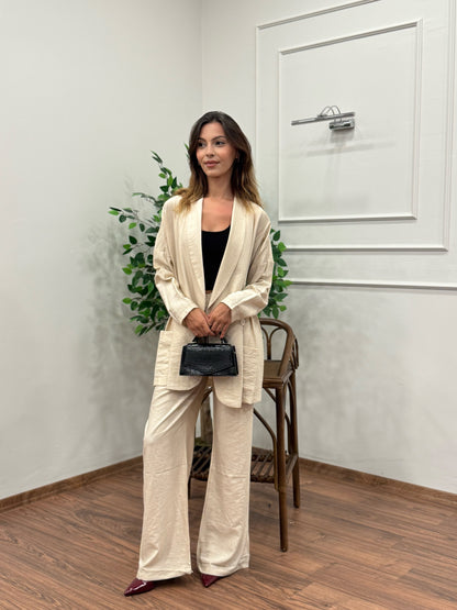 Müslin Blazer Ceket Pantolon Bej Takım