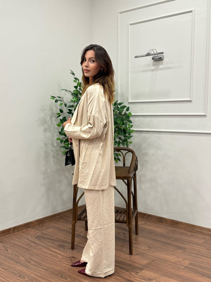 Müslin Blazer Ceket Pantolon Bej Takım