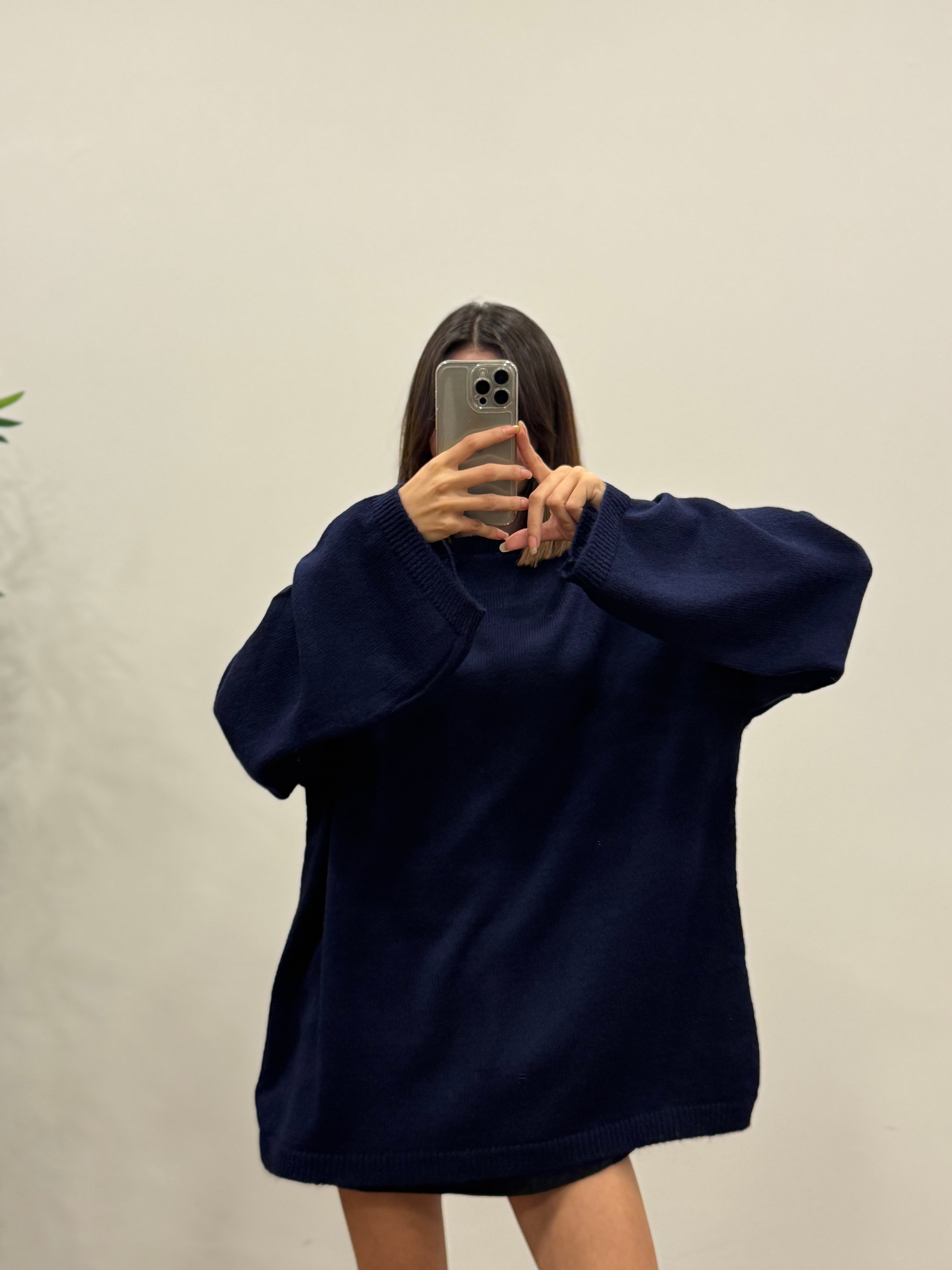 Oversize Bisiklet Yaka Pinterest Lacivert Kazak