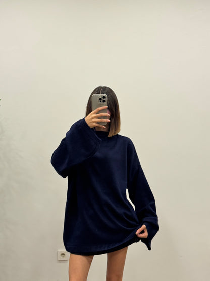 Oversize Bisiklet Yaka Pinterest Lacivert Kazak