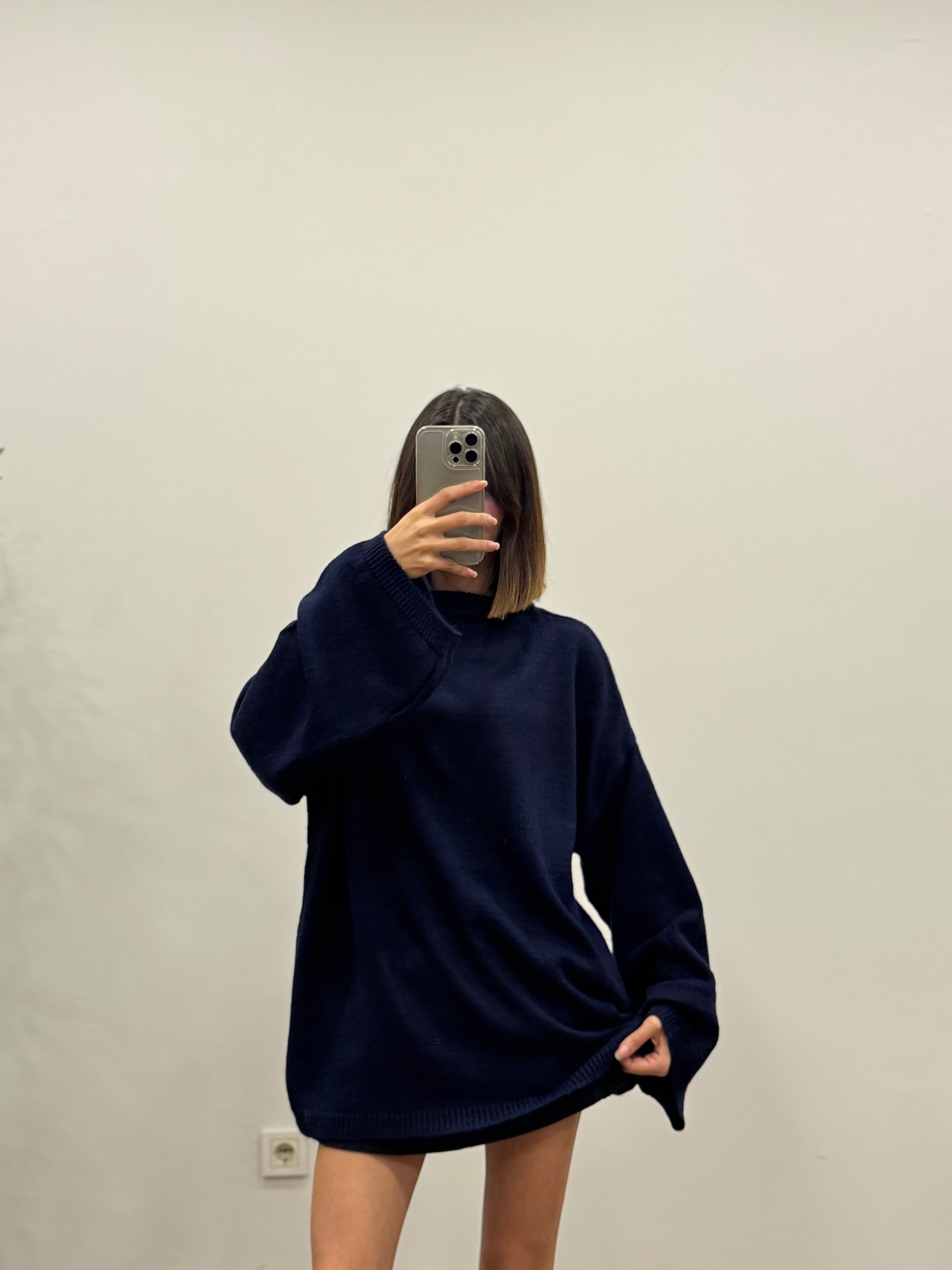 Oversize Bisiklet Yaka Pinterest Lacivert Kazak