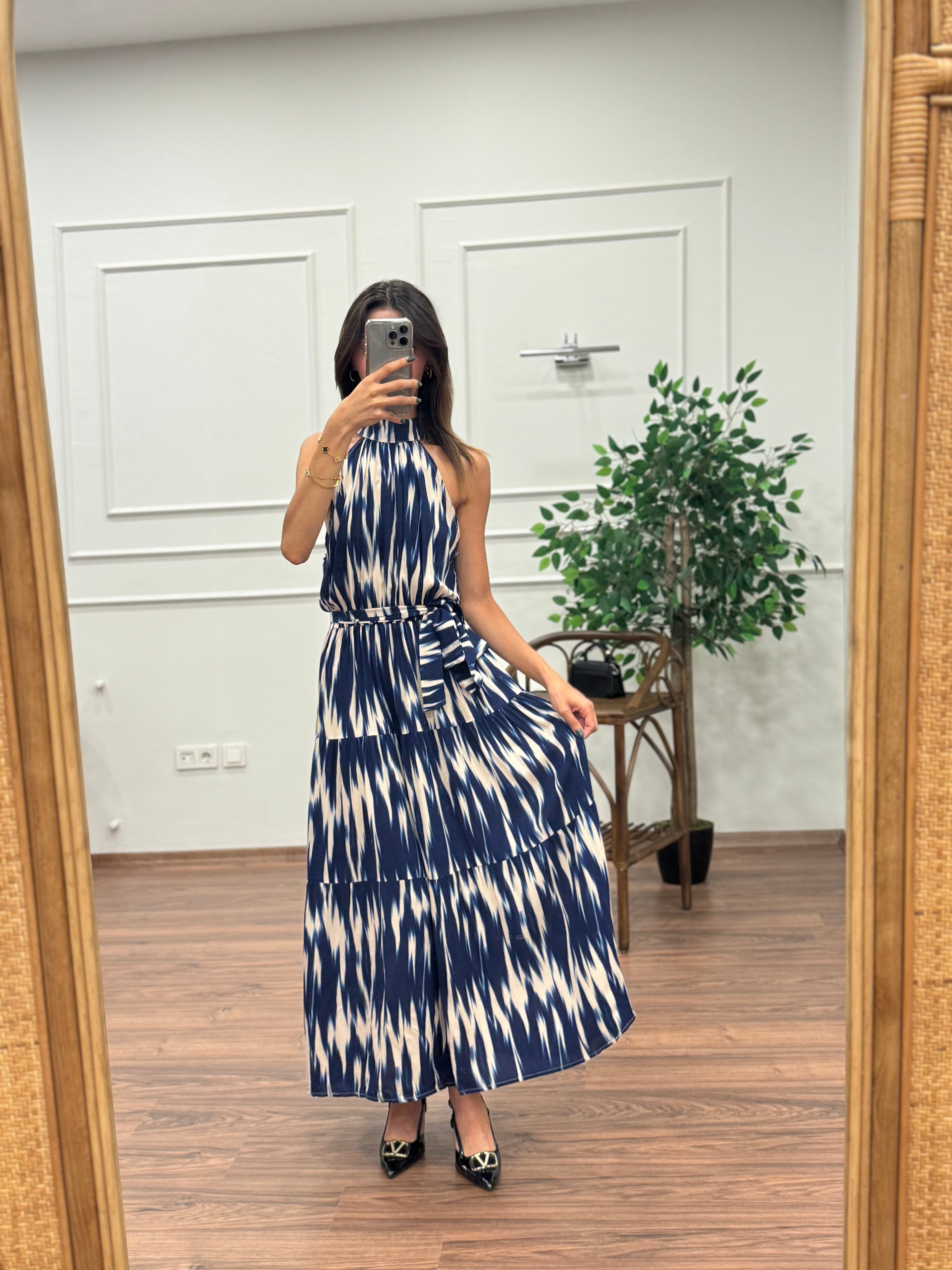 Viskon Kumaş Etnik Desen Lacivert Elbise