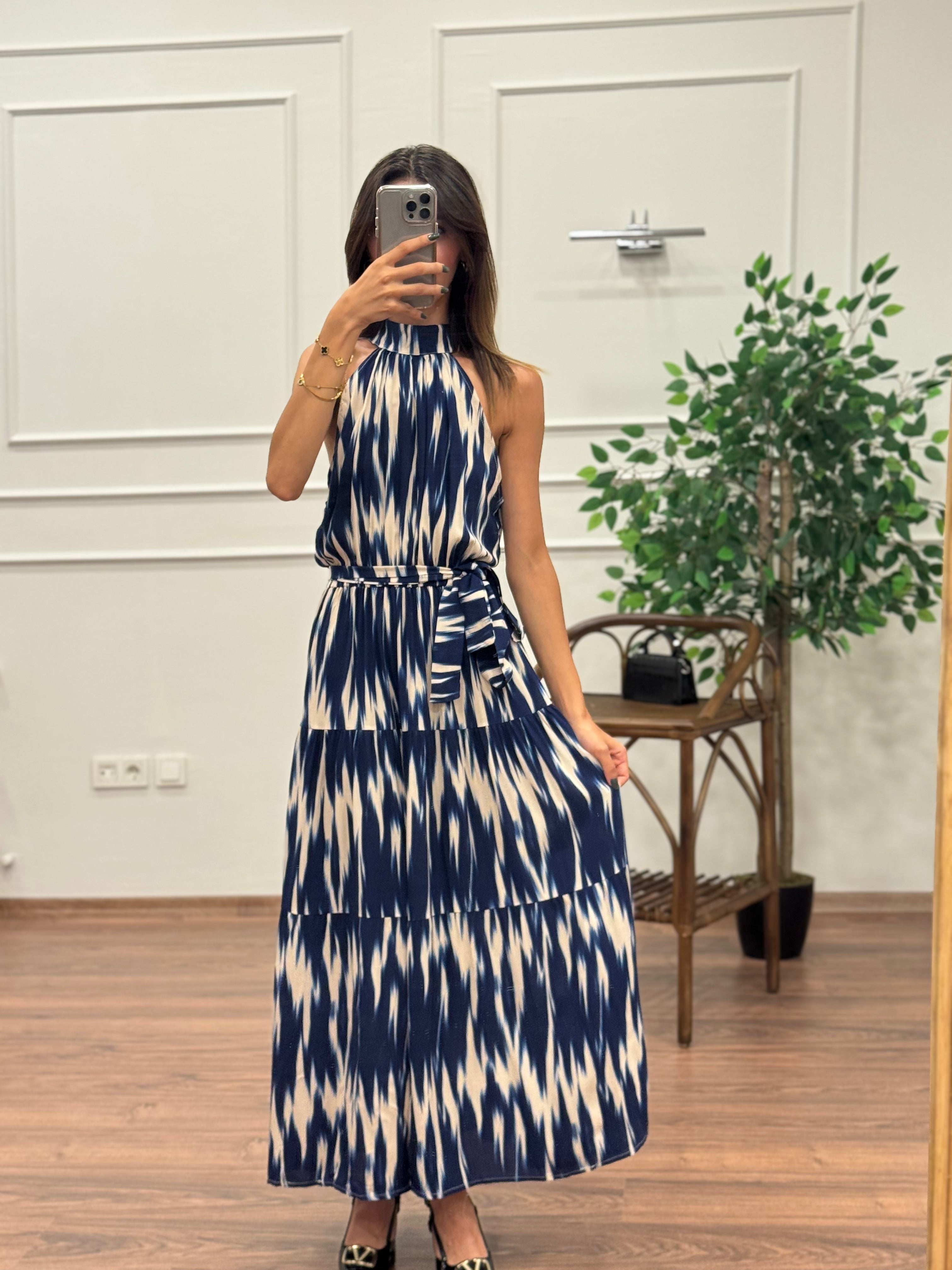 Viskon Kumaş Etnik Desen Lacivert Elbise