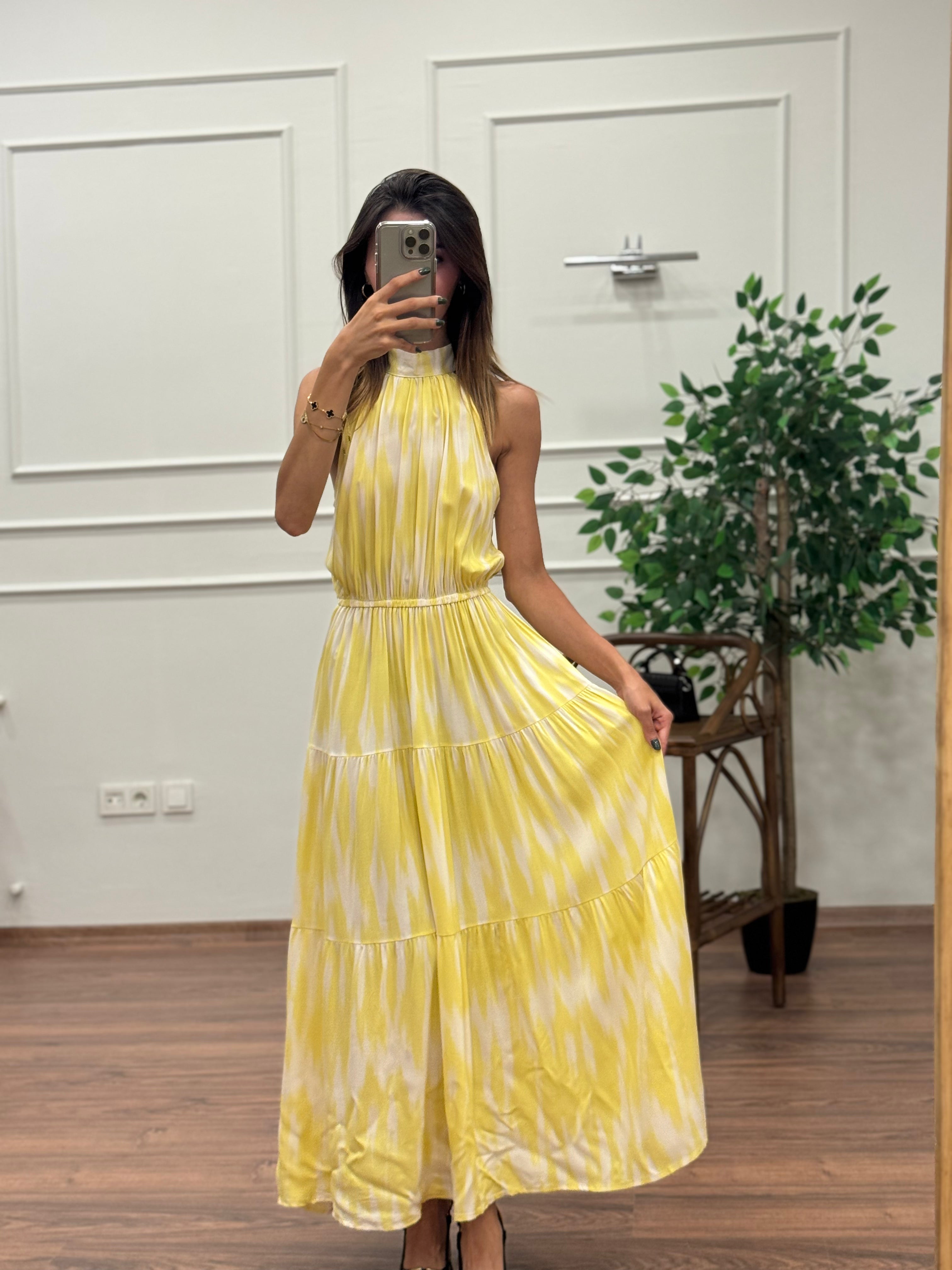 Viskon Kumaş Etnik Desen Sarı Elbise