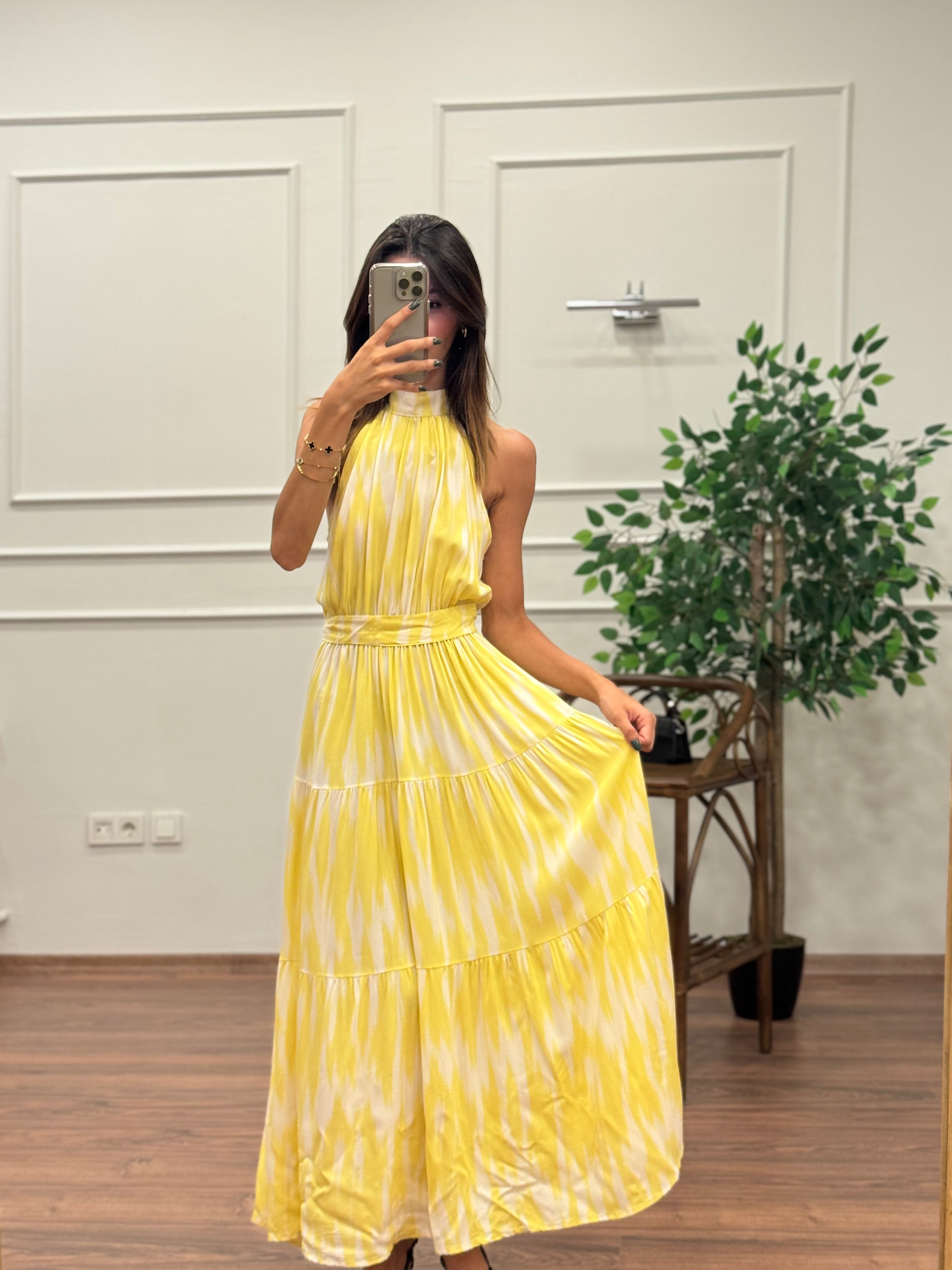 Viskon Kumaş Etnik Desen Sarı Elbise