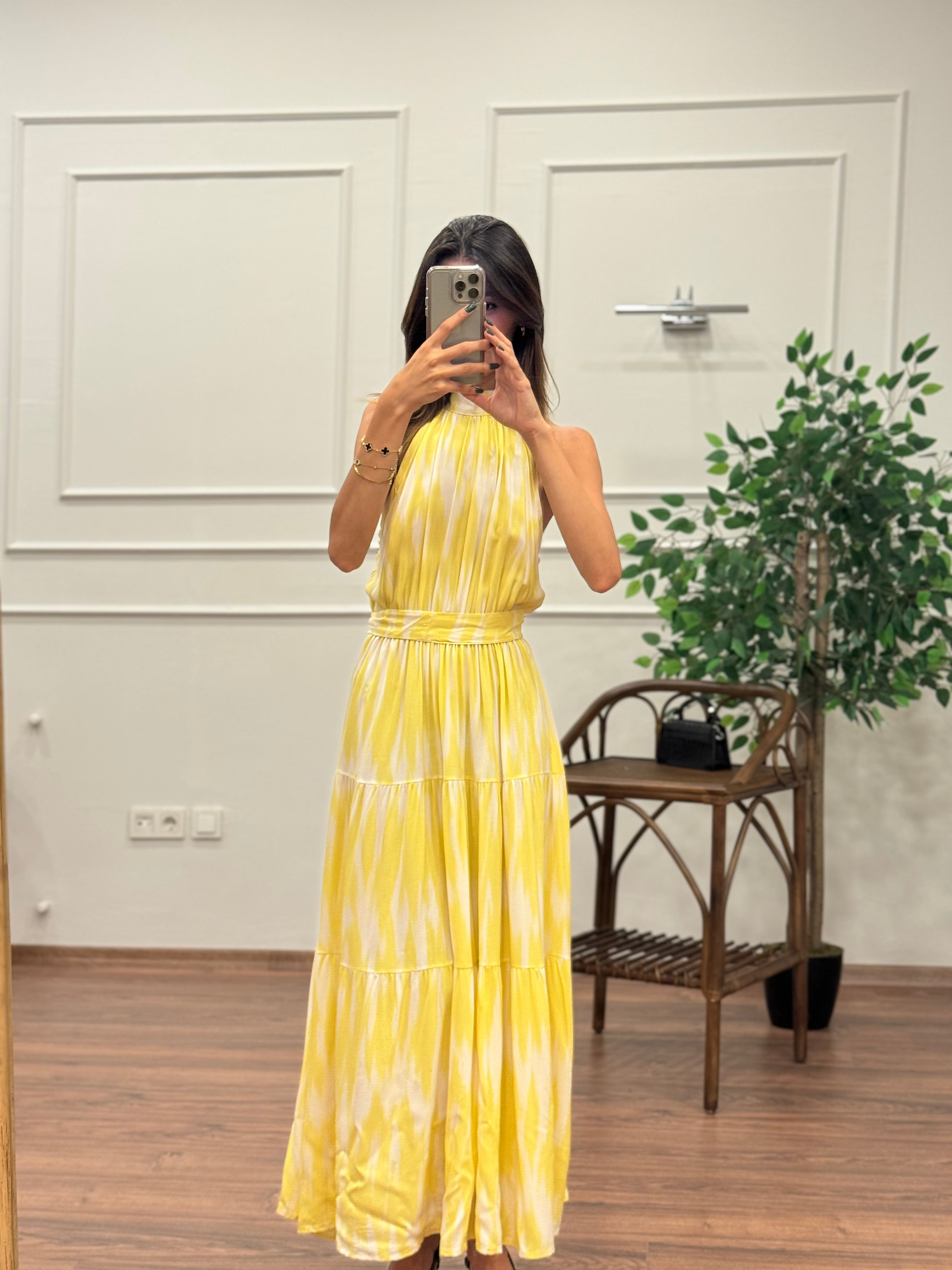 Viskon Kumaş Etnik Desen Sarı Elbise