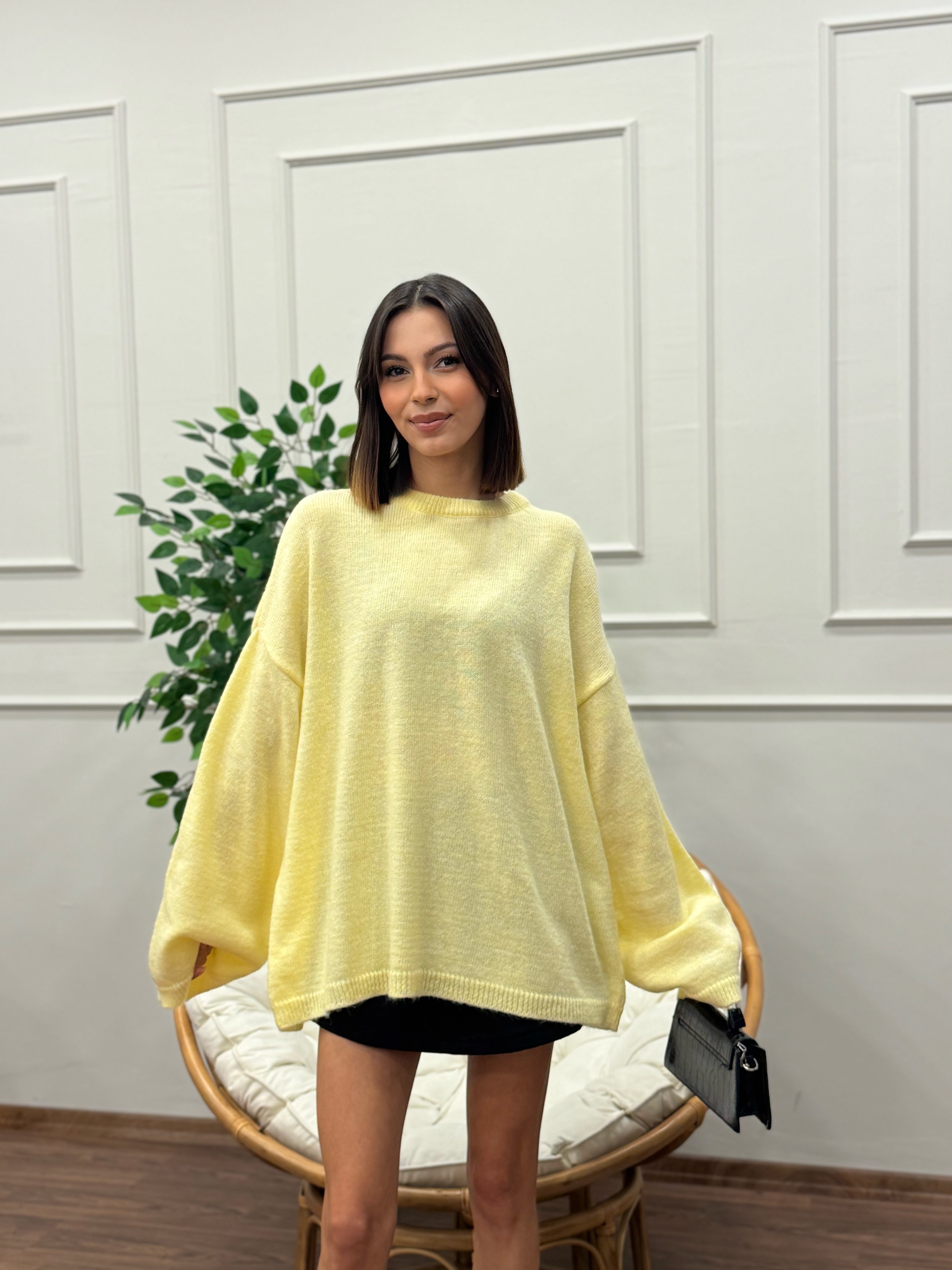 Oversize Bisiklet Yaka Pinterest Sarı Kazak