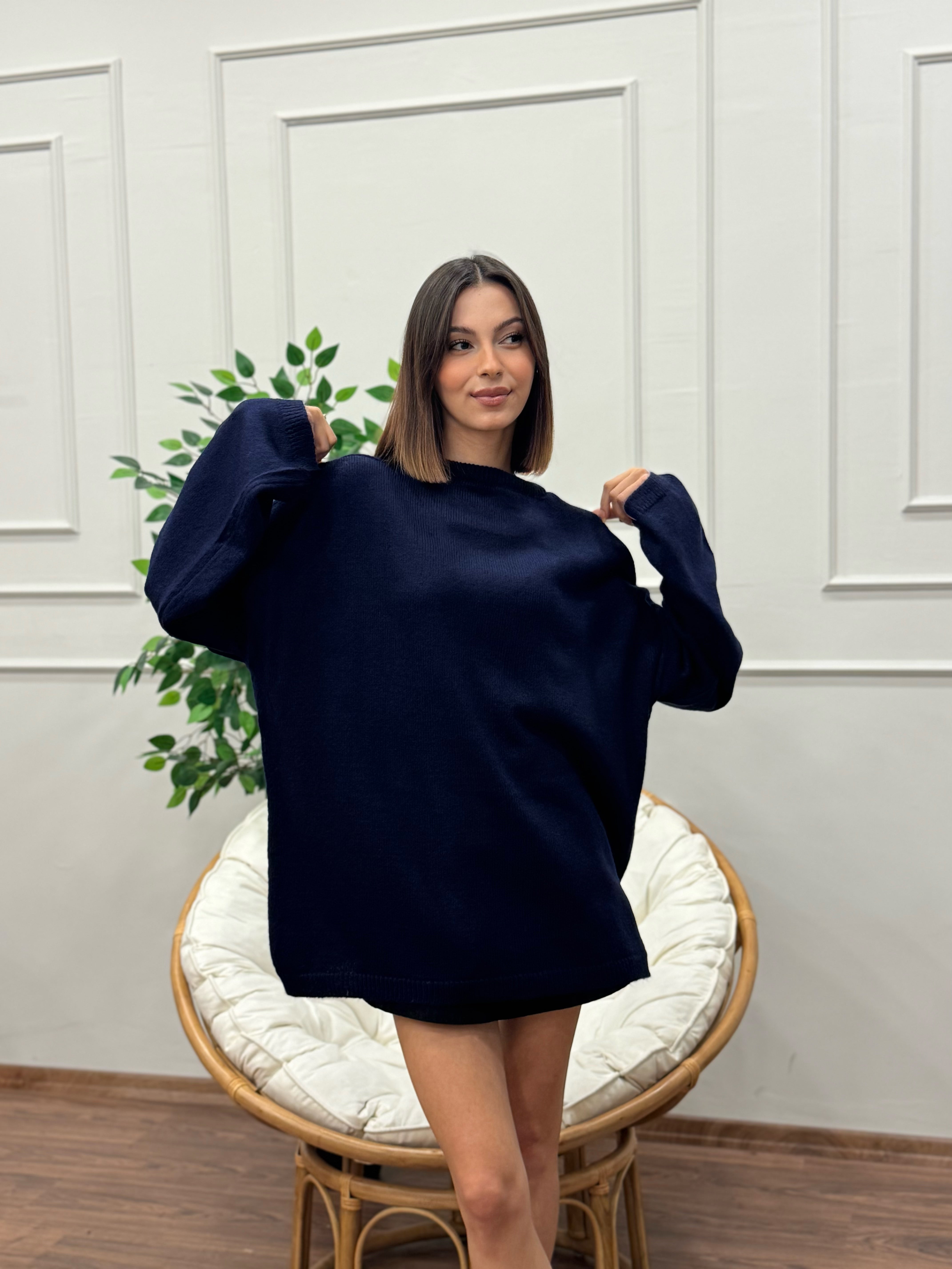 Oversize Bisiklet Yaka Pinterest Lacivert Kazak