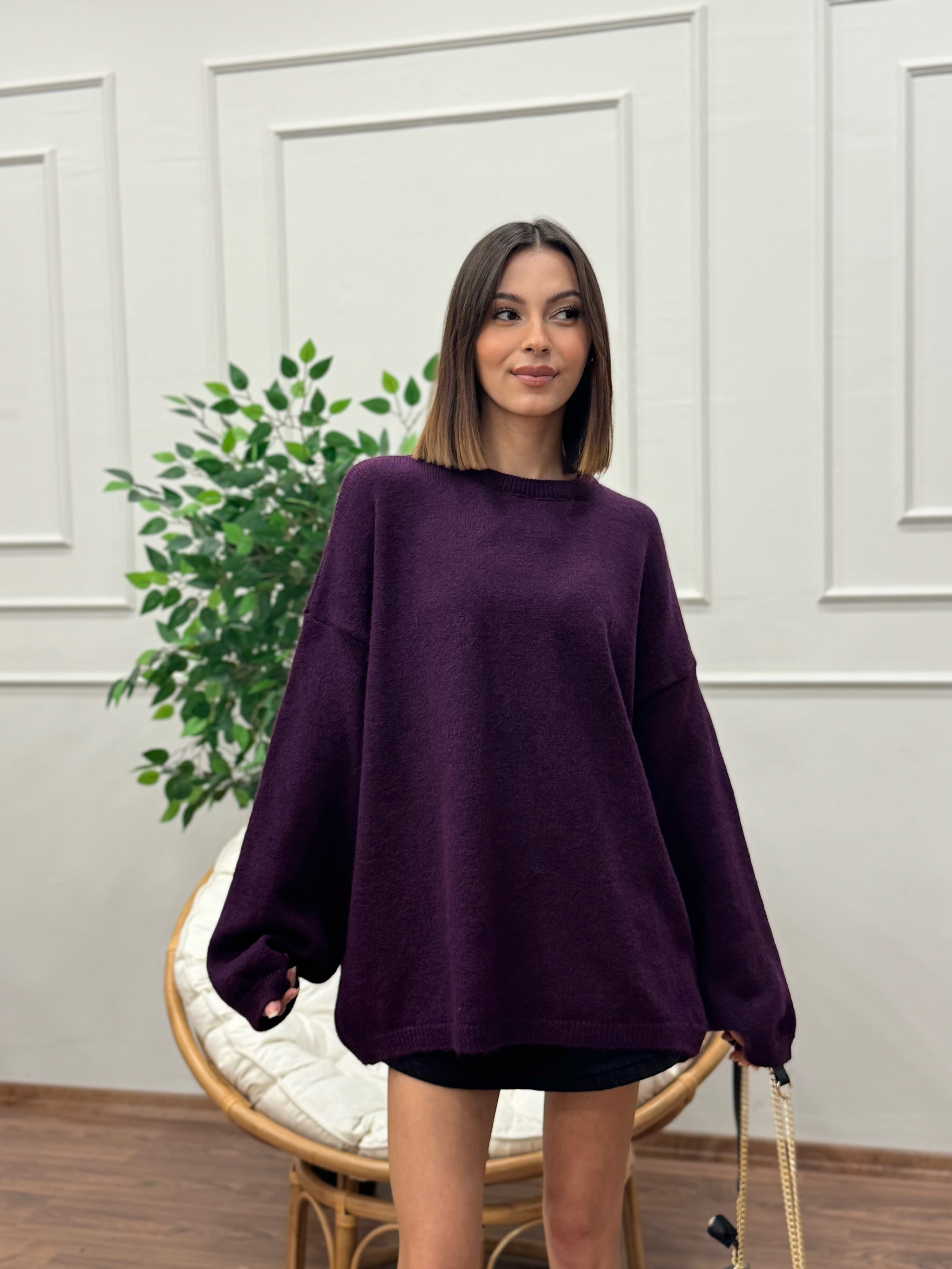 Oversize Bisiklet Yaka Pinterest Mor Kazak