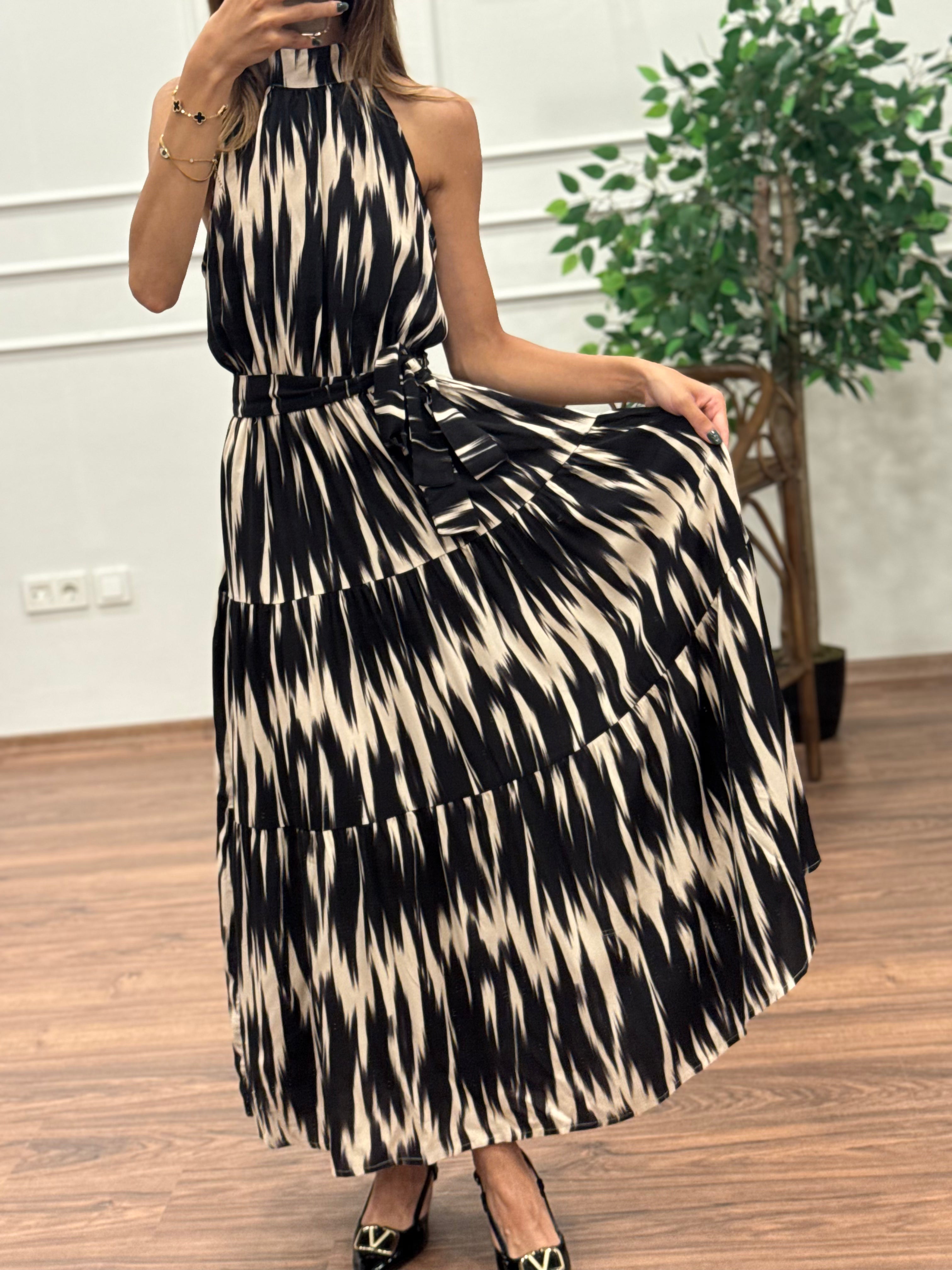 Viskon Kumaş Etnik Desen Siyah Elbise