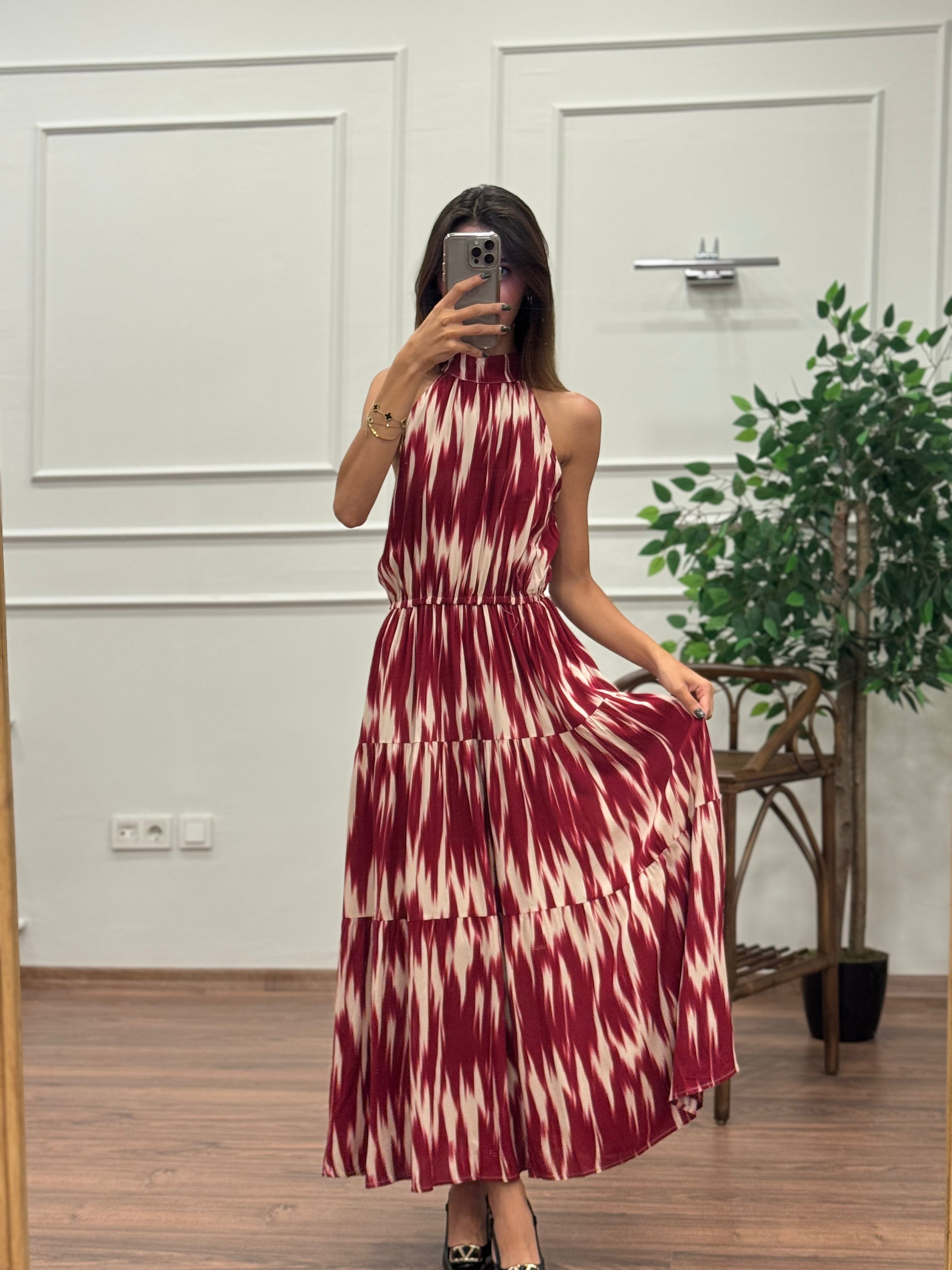 Viskon Kumaş Etnik Desen Bordo Elbise