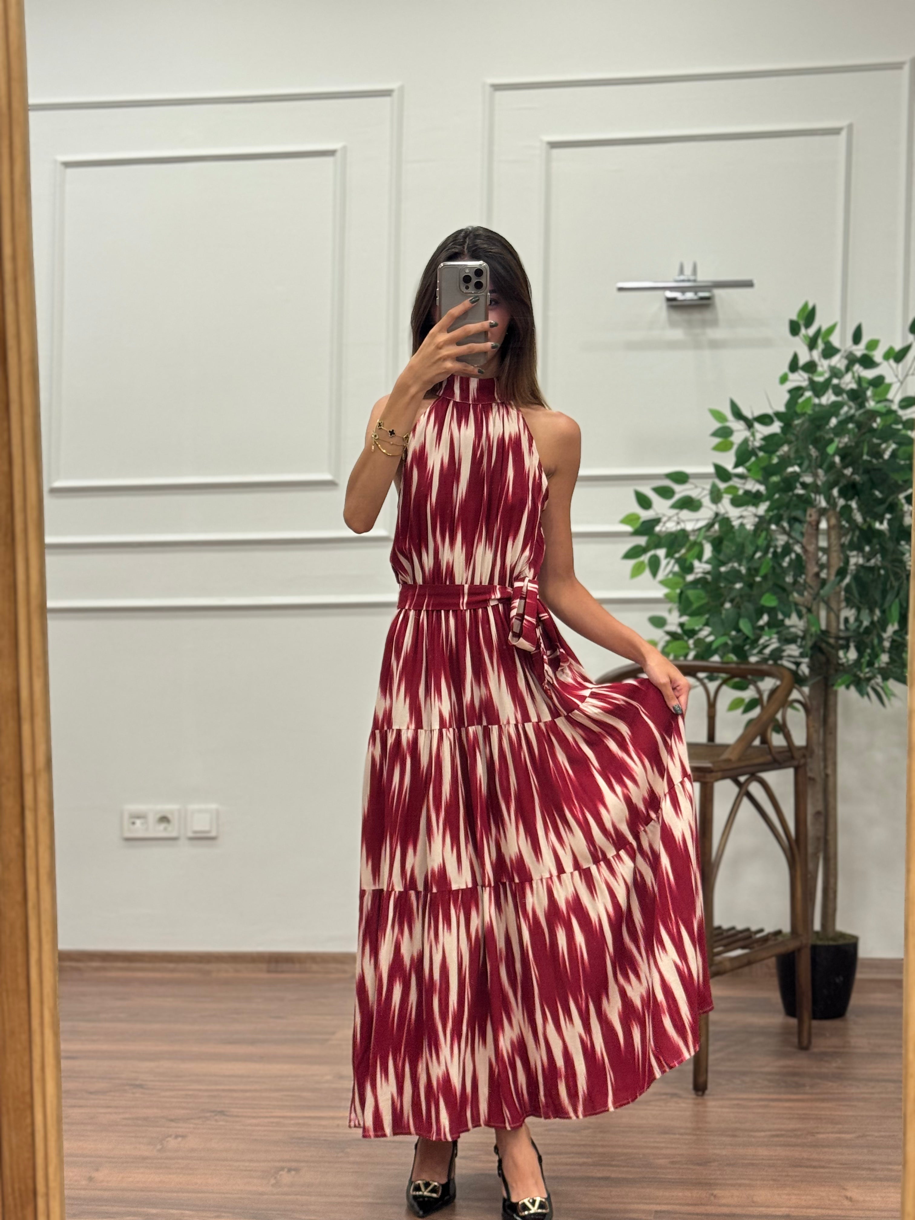 Viskon Kumaş Etnik Desen Bordo Elbise