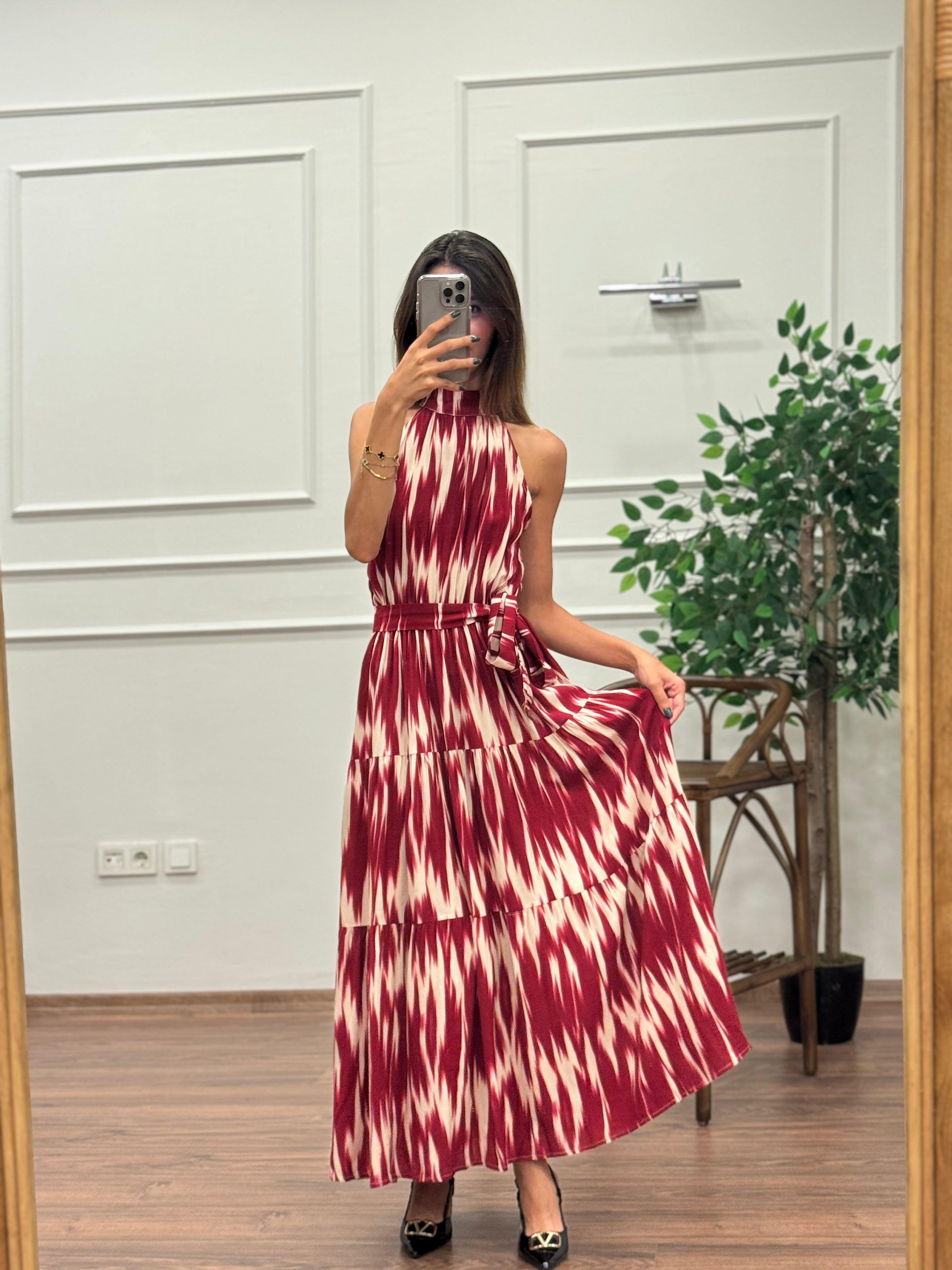 Viskon Kumaş Etnik Desen Bordo Elbise