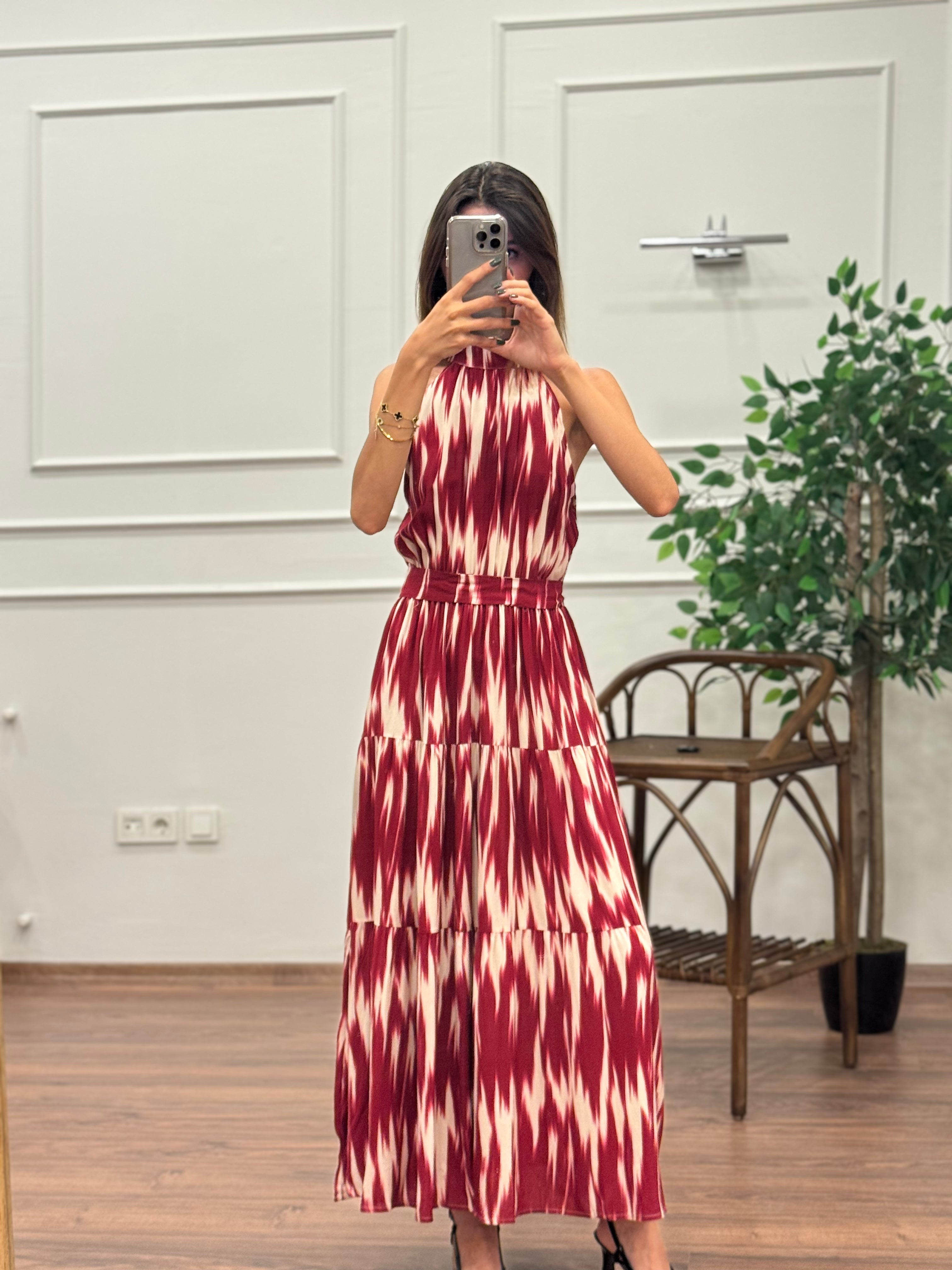 Viskon Kumaş Etnik Desen Bordo Elbise