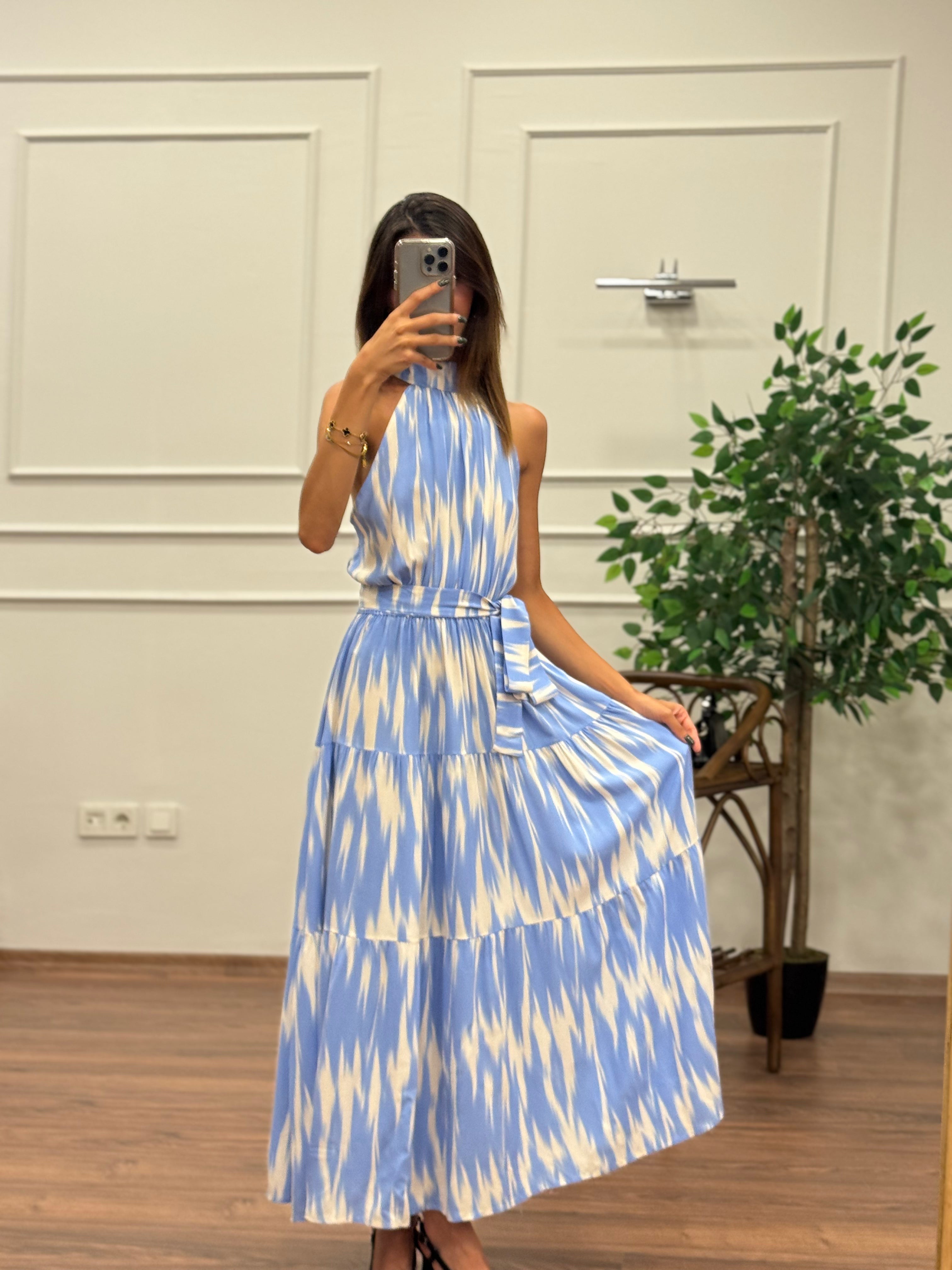 Viskon Kumaş Etnik Desen Bebe Mavi Elbise