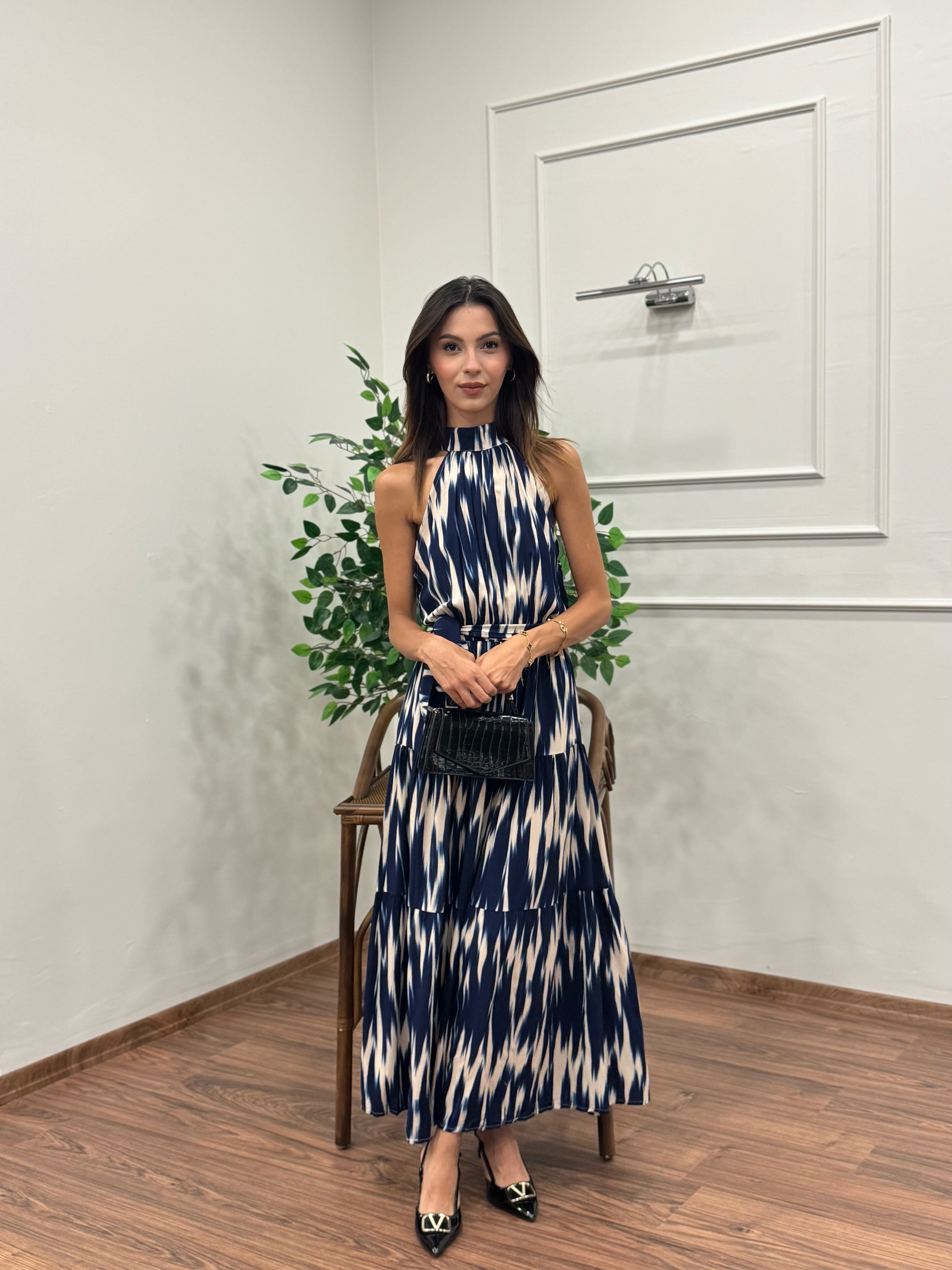 Viskon Kumaş Etnik Desen Lacivert Elbise