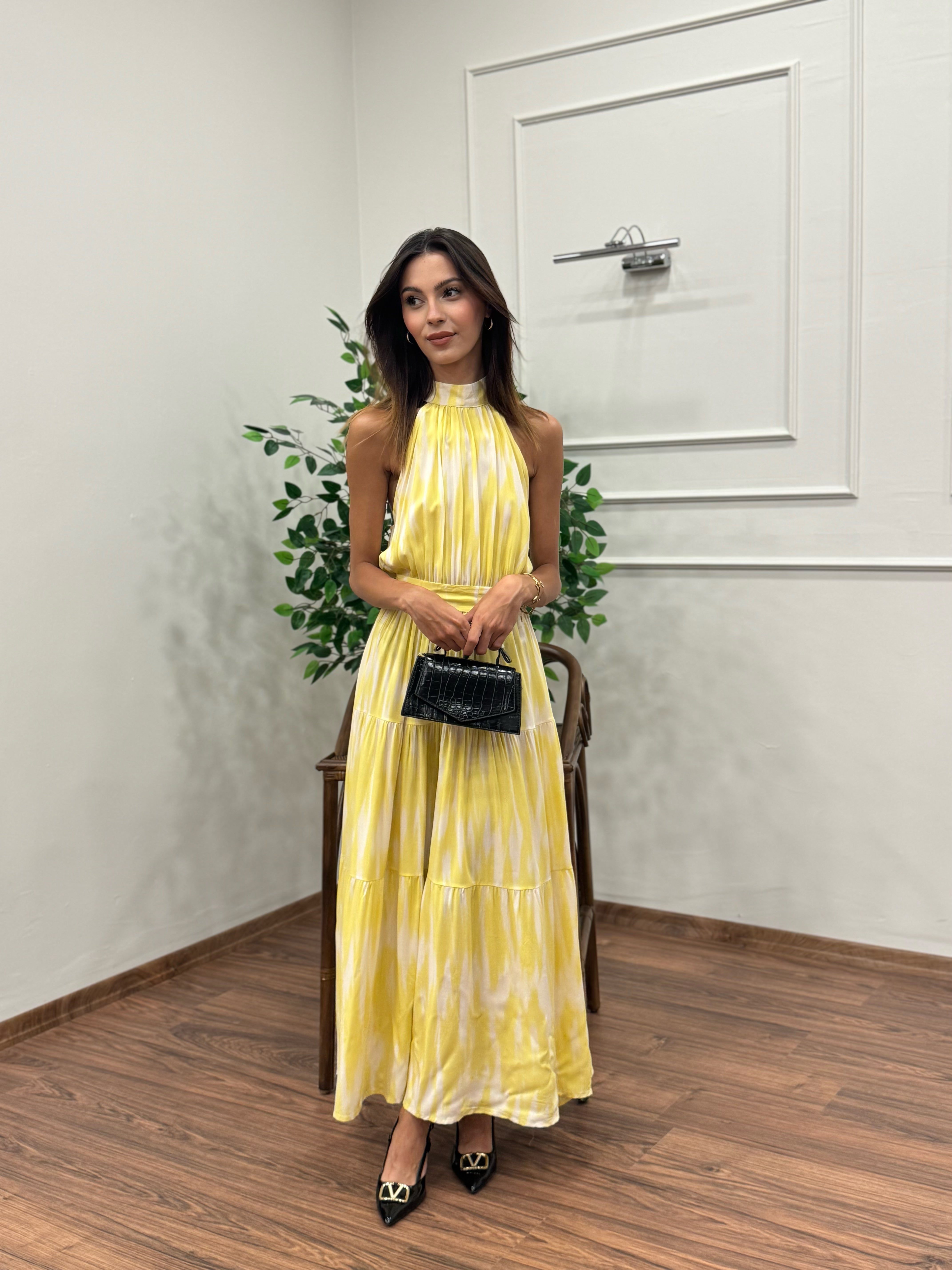 Viskon Kumaş Etnik Desen Sarı Elbise