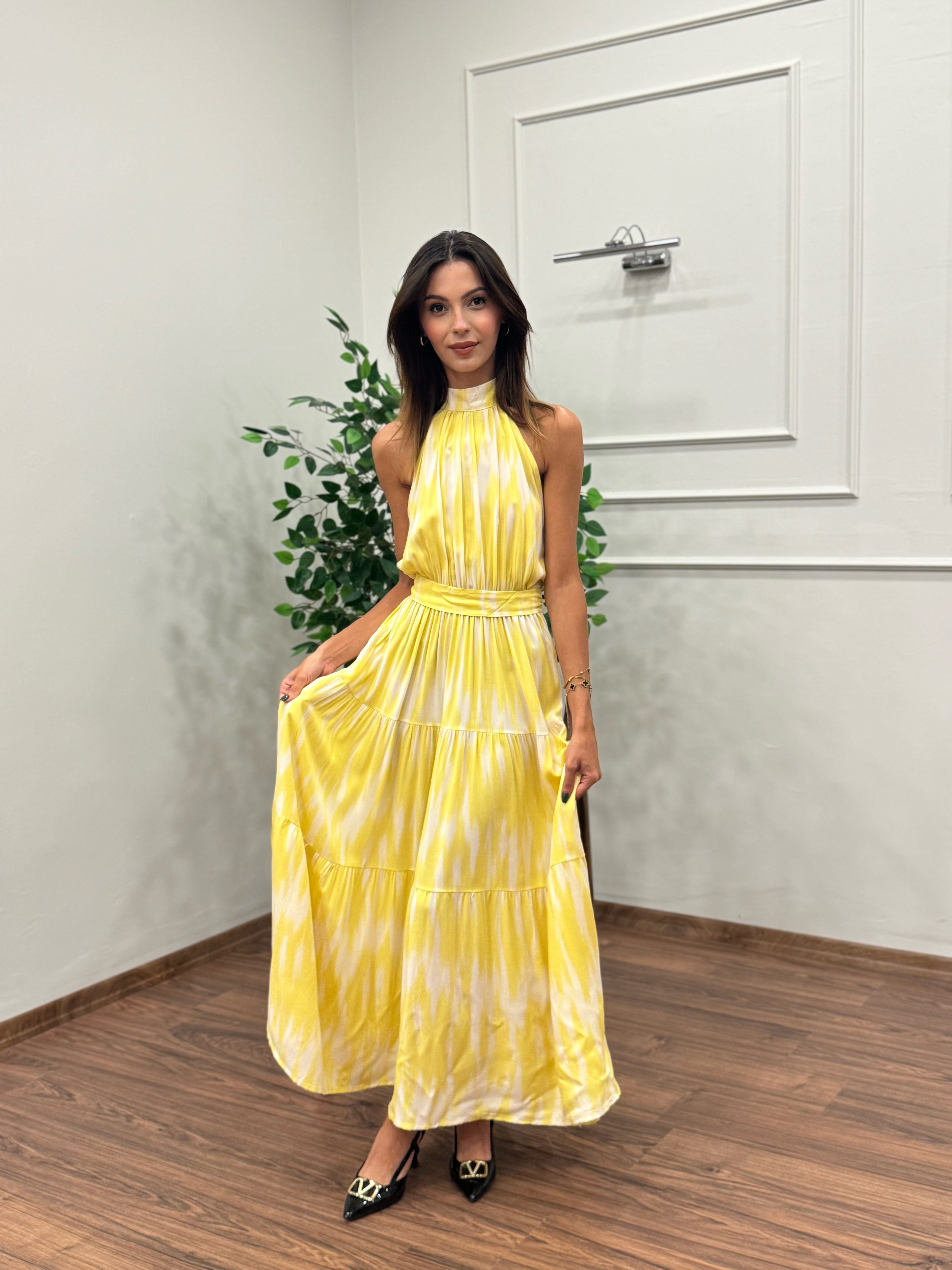 Viskon Kumaş Etnik Desen Sarı Elbise