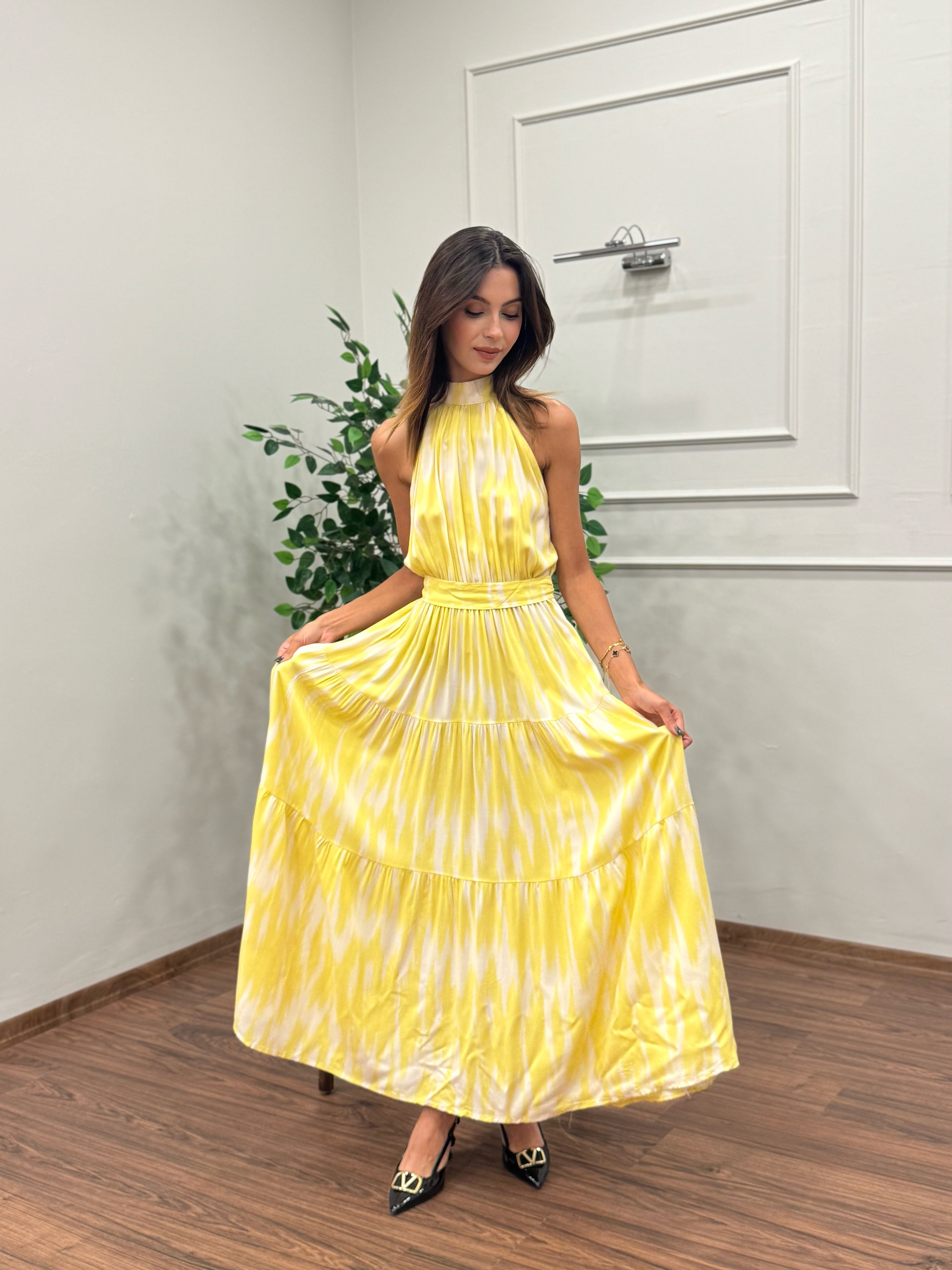 Viskon Kumaş Etnik Desen Sarı Elbise