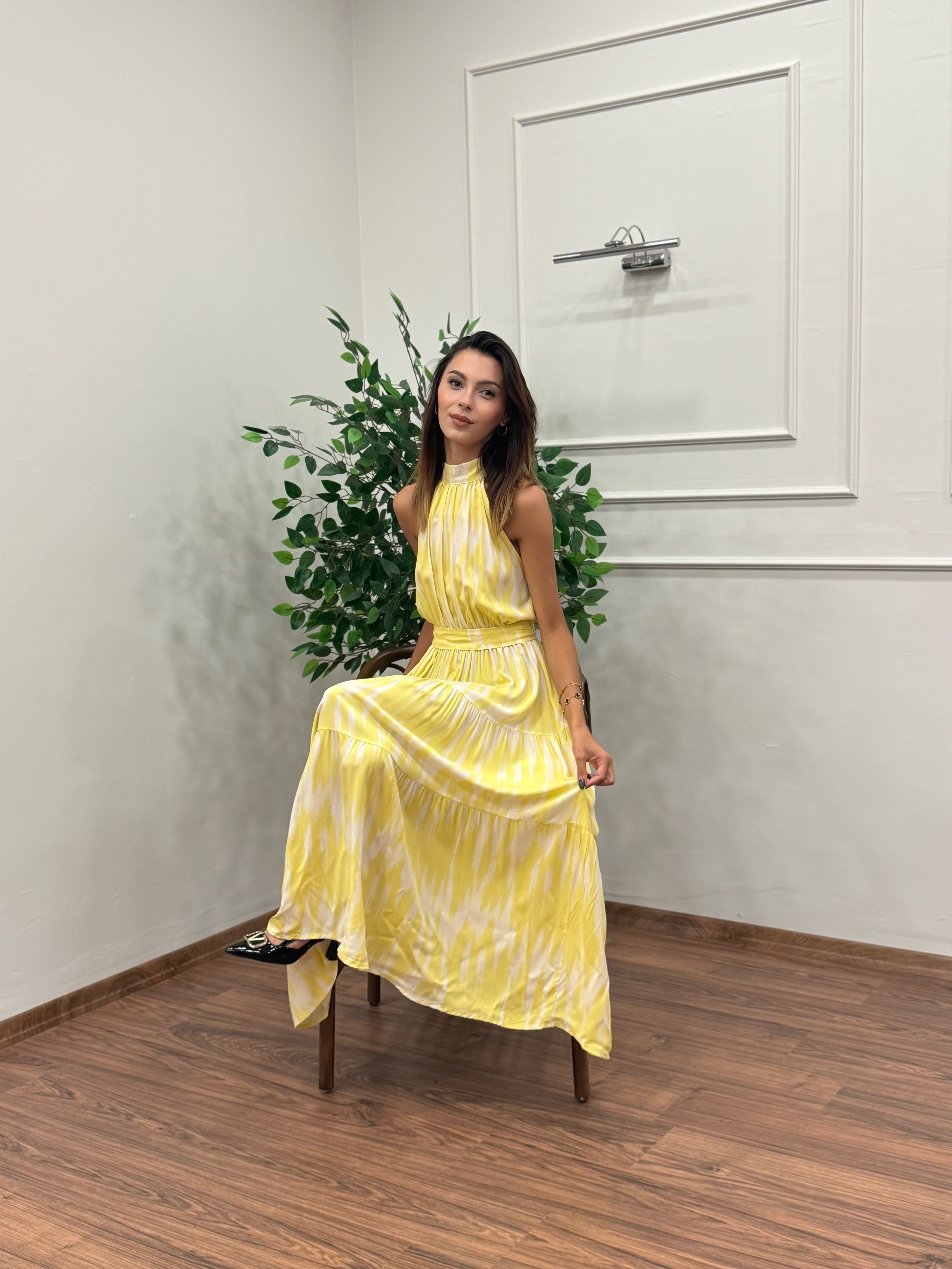 Viskon Kumaş Etnik Desen Sarı Elbise