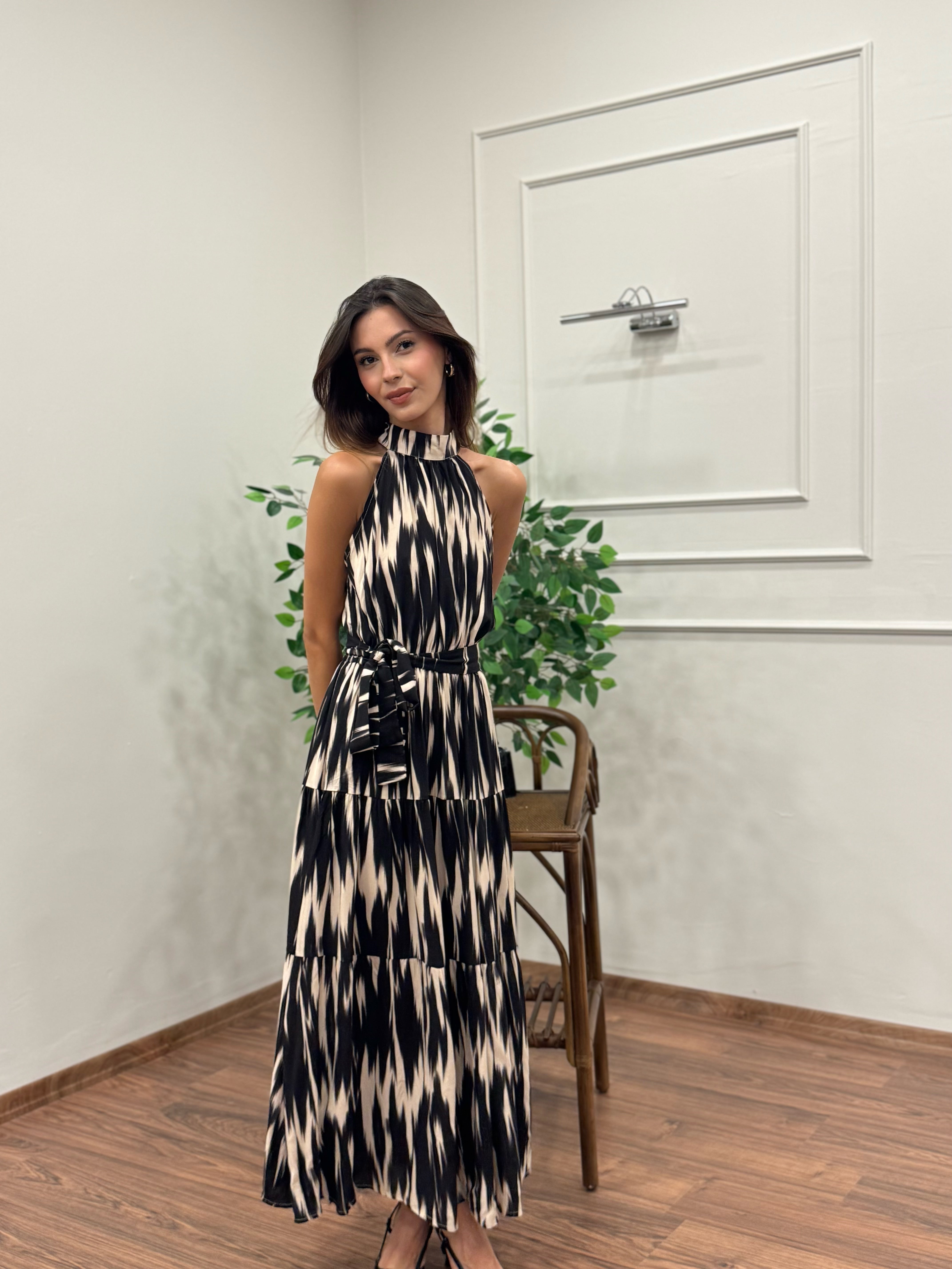 Viskon Kumaş Etnik Desen Siyah Elbise