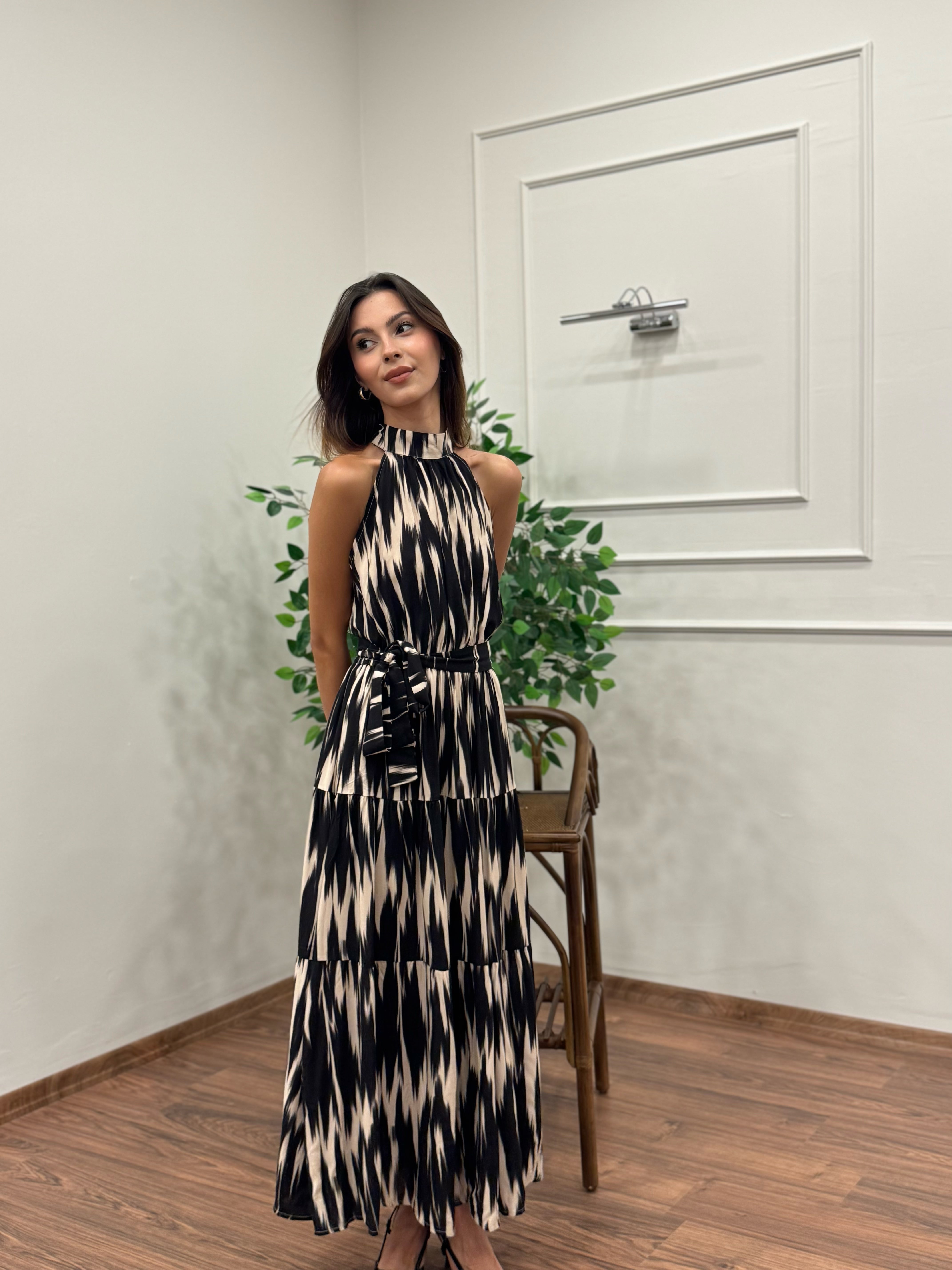 Viskon Kumaş Etnik Desen Siyah Elbise