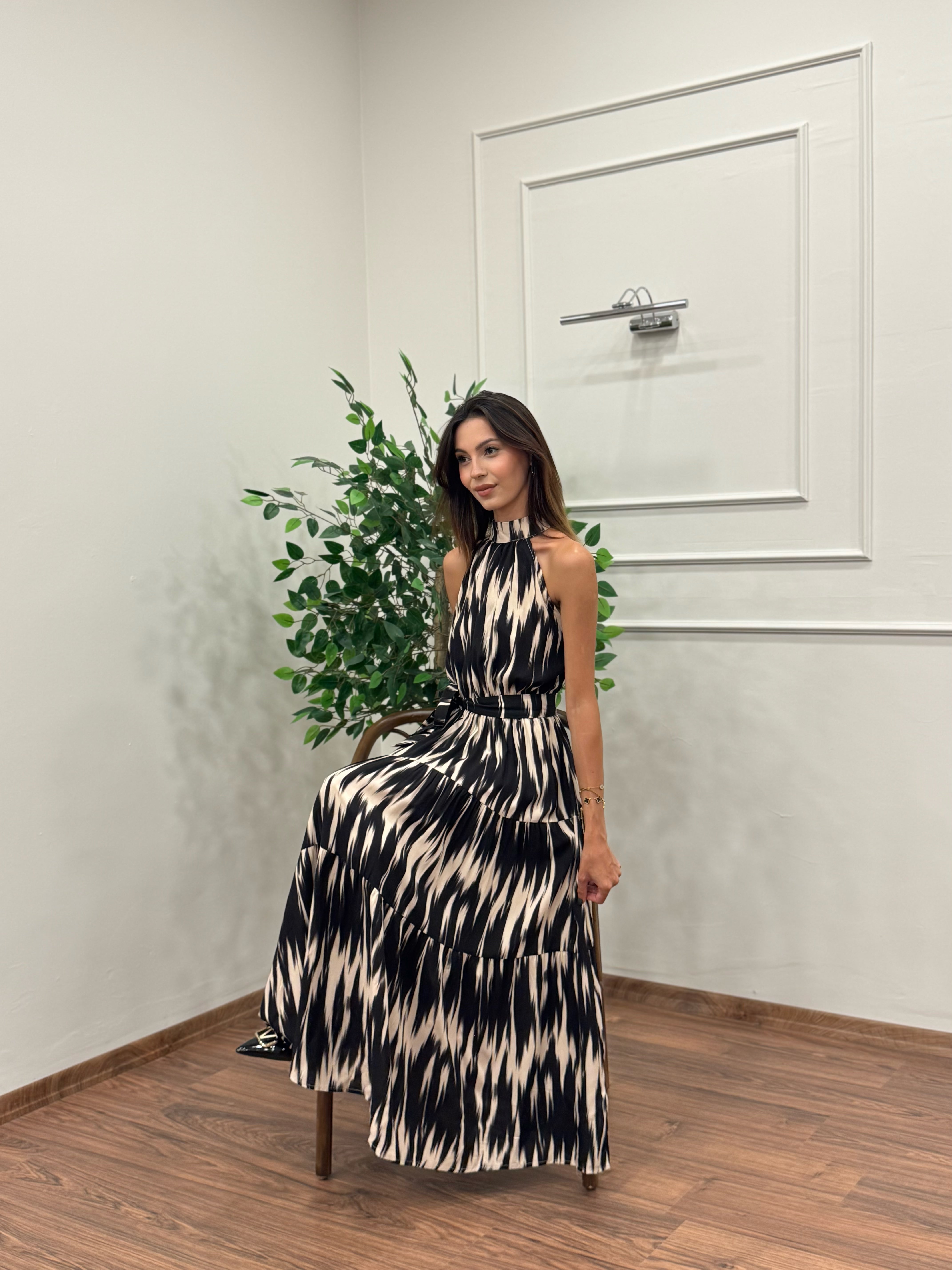 Viskon Kumaş Etnik Desen Siyah Elbise