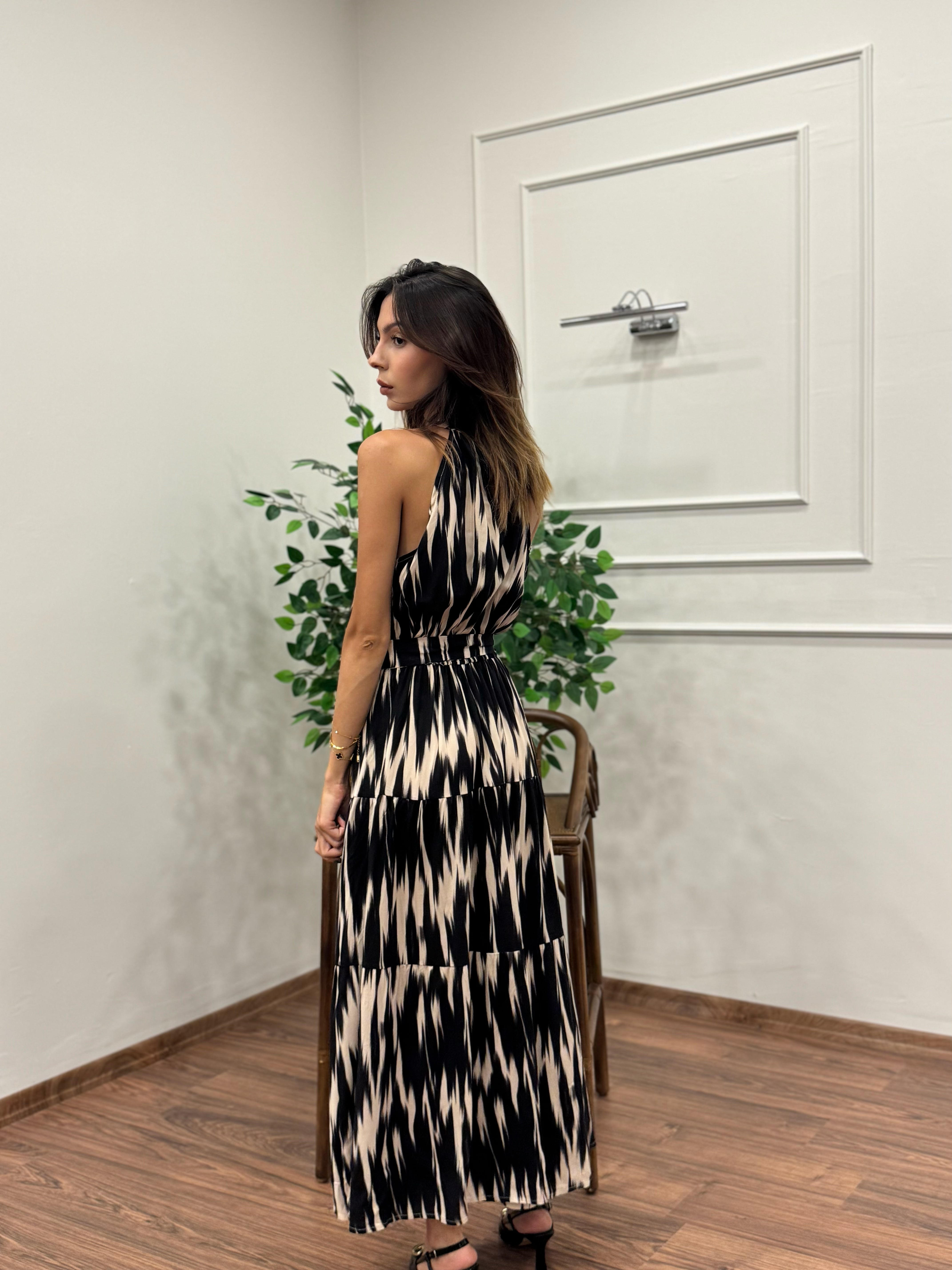 Viskon Kumaş Etnik Desen Siyah Elbise