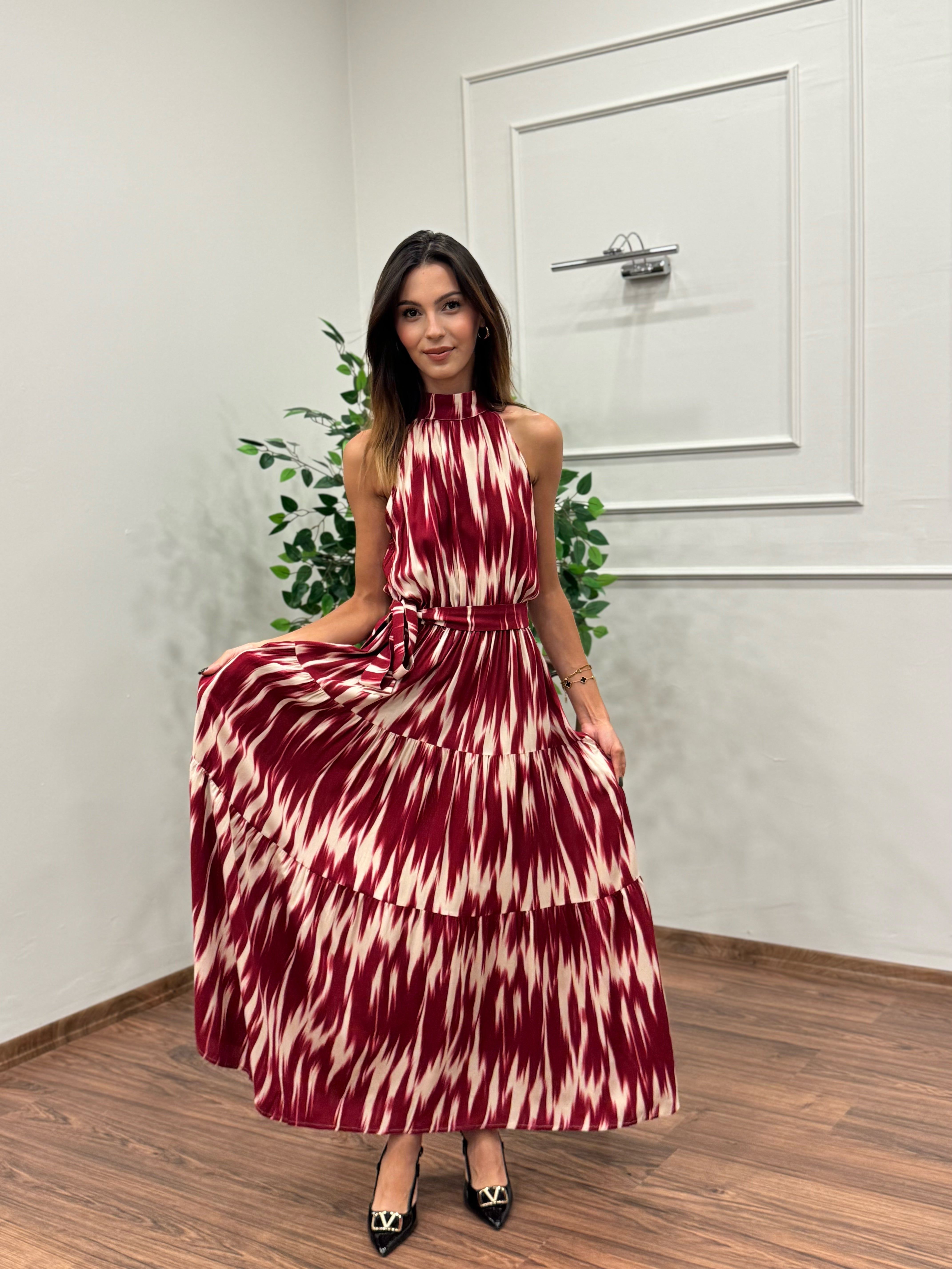 Viskon Kumaş Etnik Desen Bordo Elbise