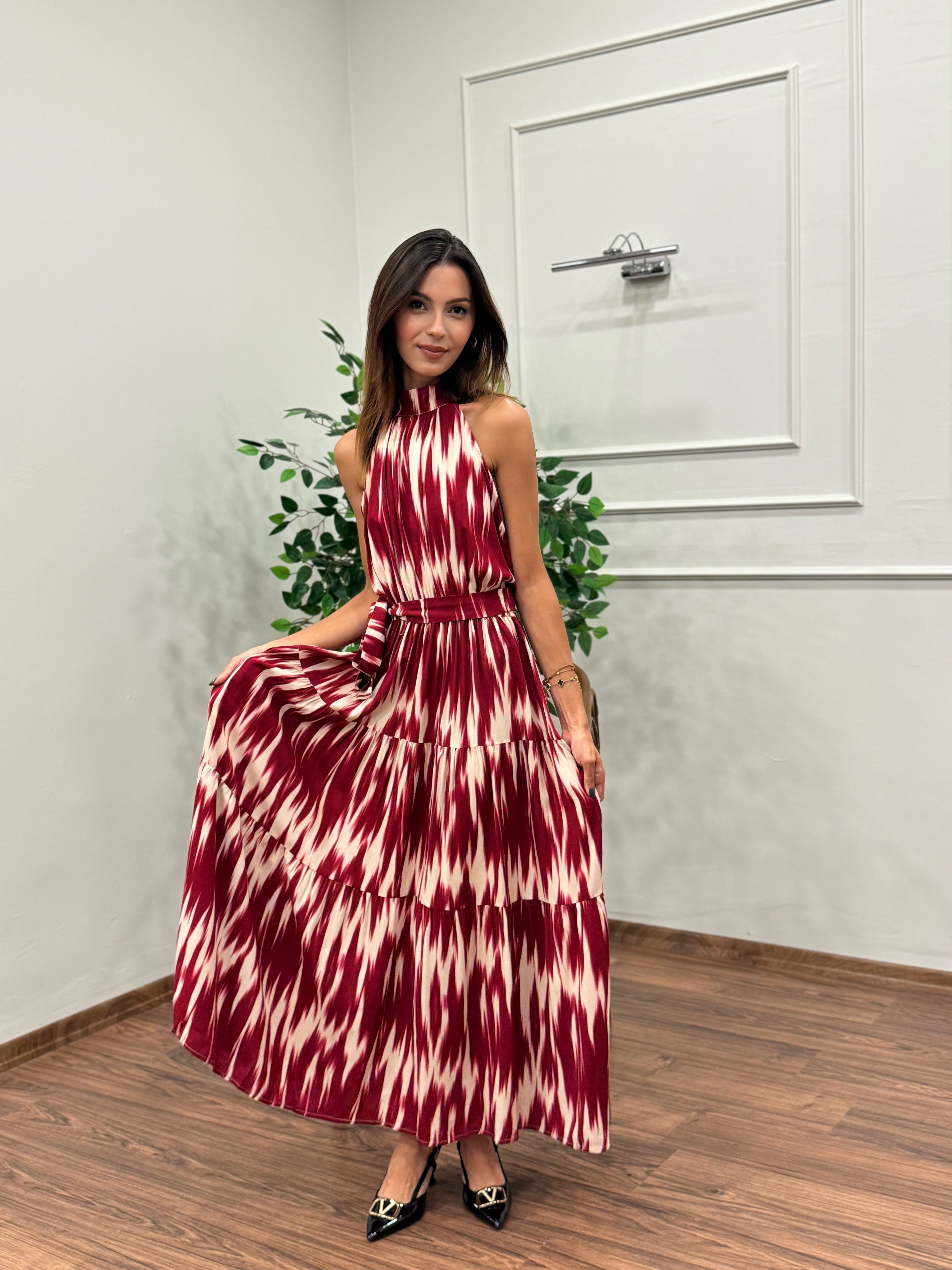 Viskon Kumaş Etnik Desen Bordo Elbise