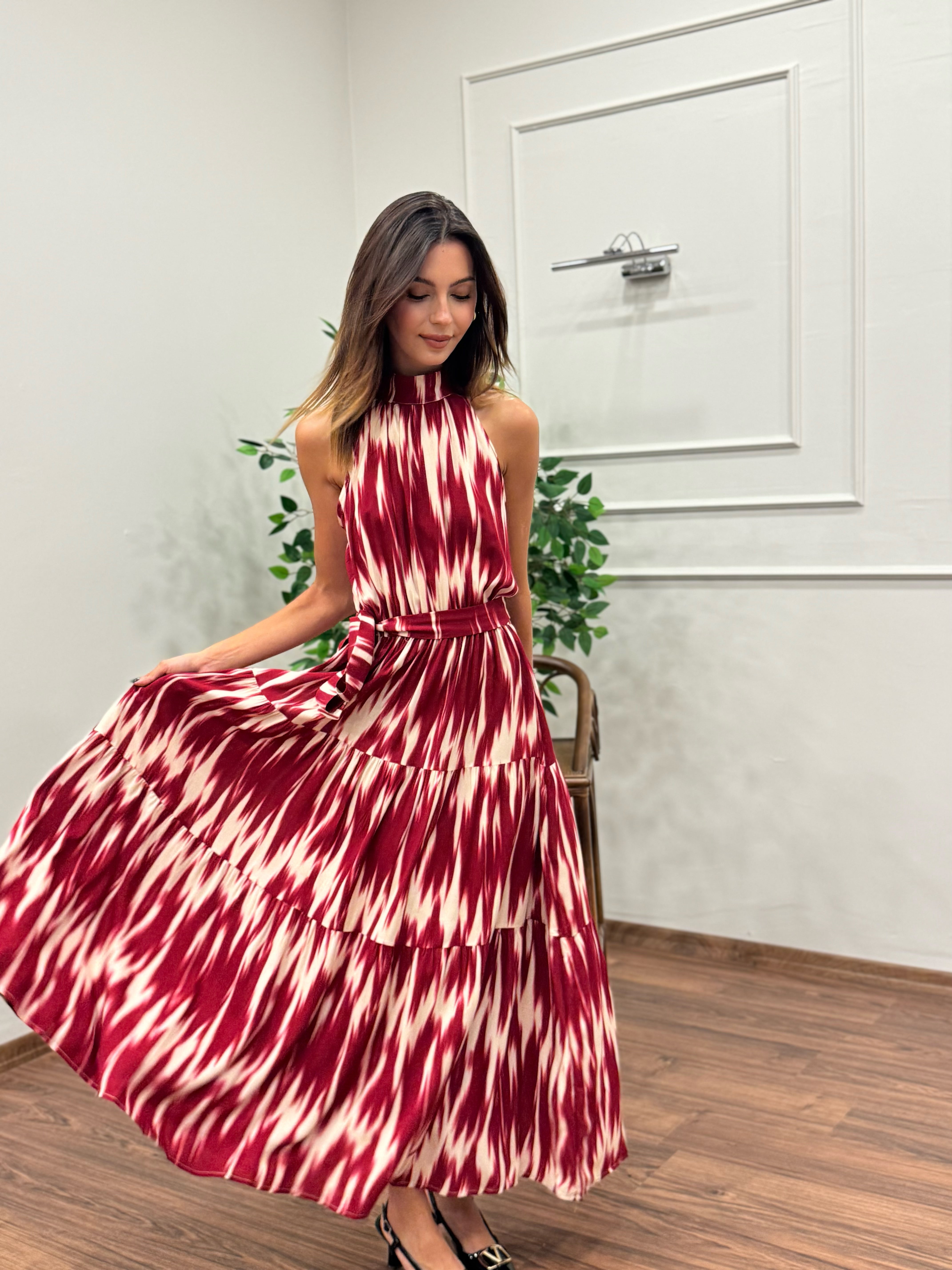 Viskon Kumaş Etnik Desen Bordo Elbise