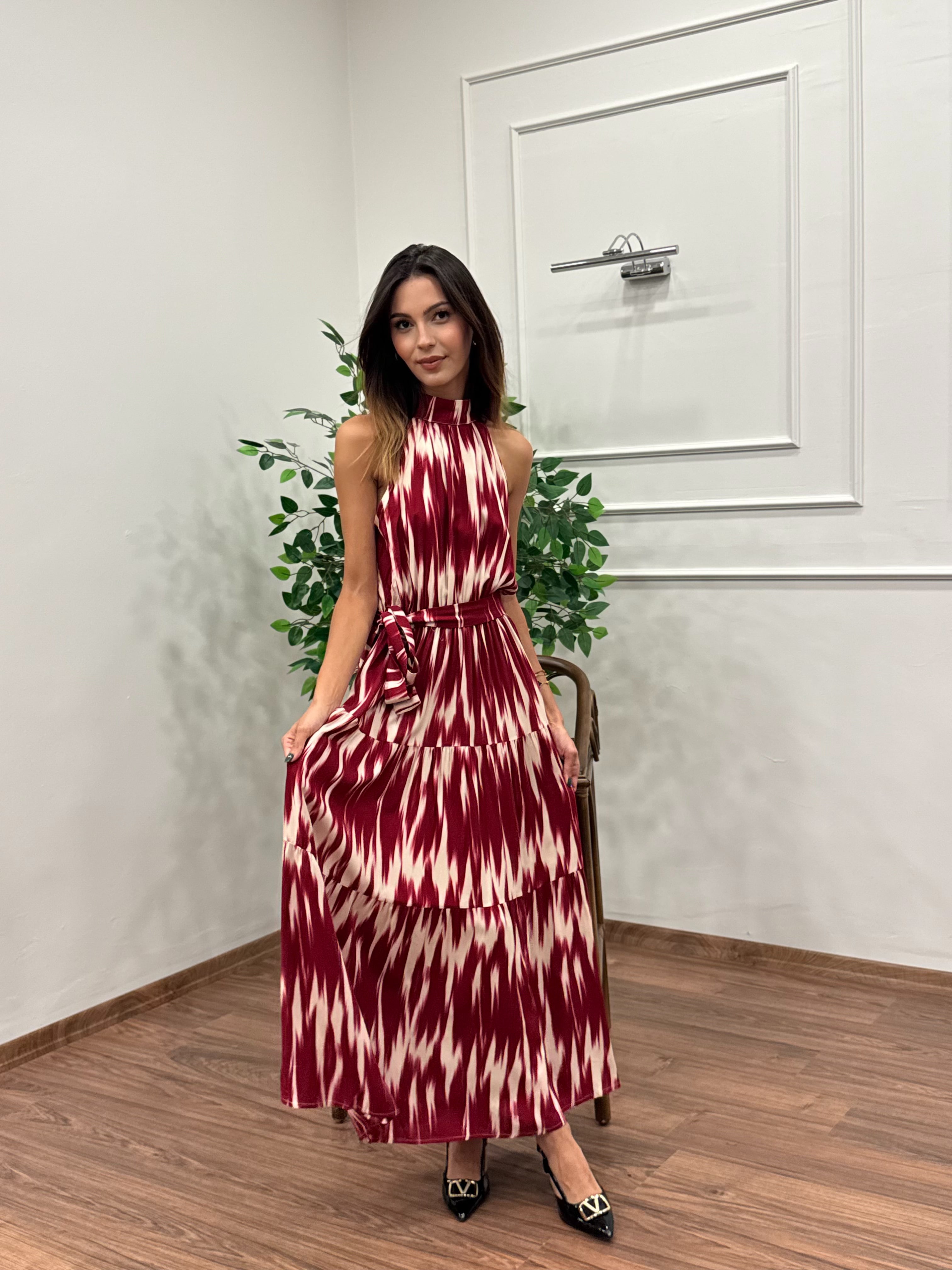 Viskon Kumaş Etnik Desen Bordo Elbise