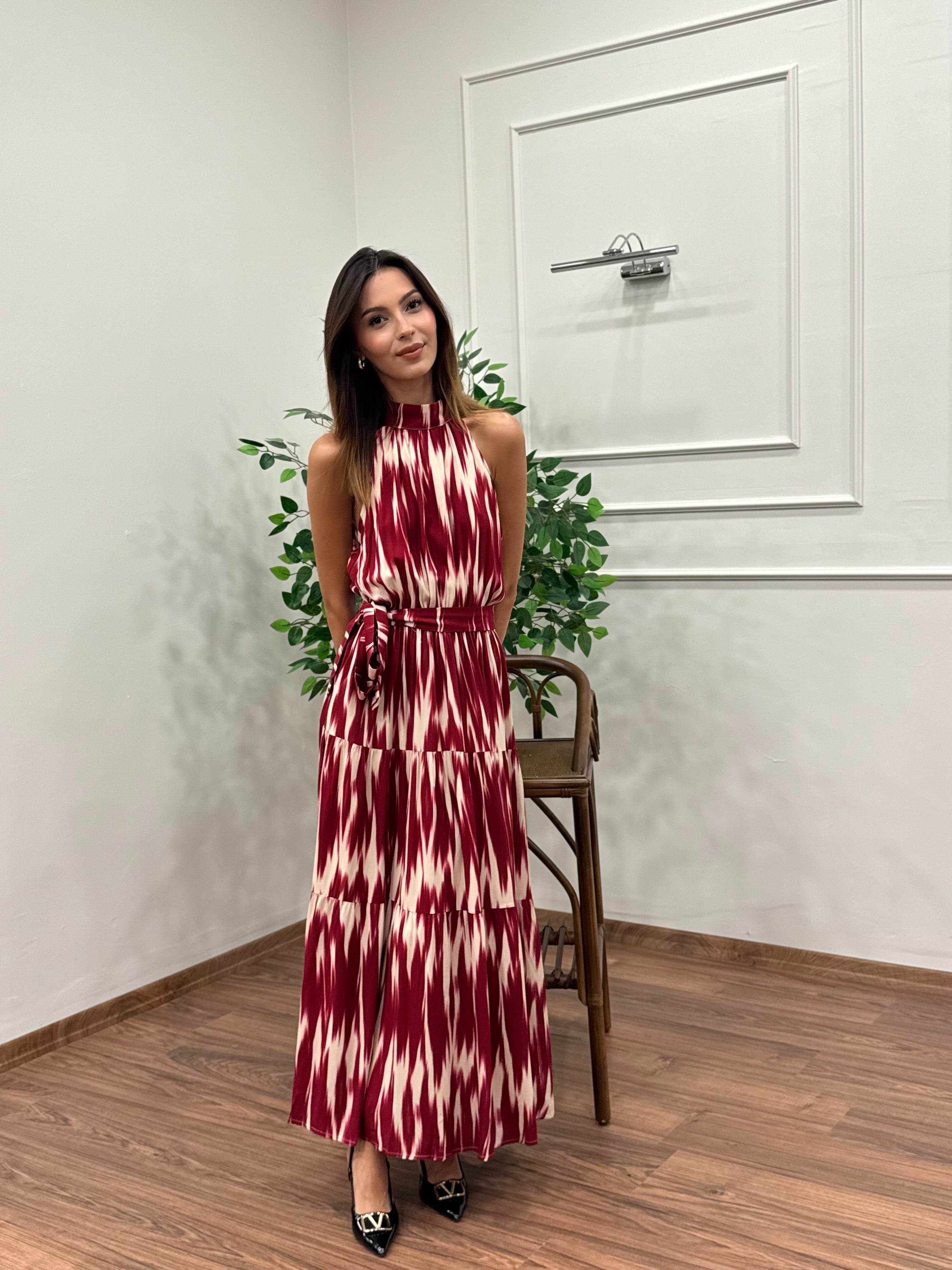 Viskon Kumaş Etnik Desen Bordo Elbise