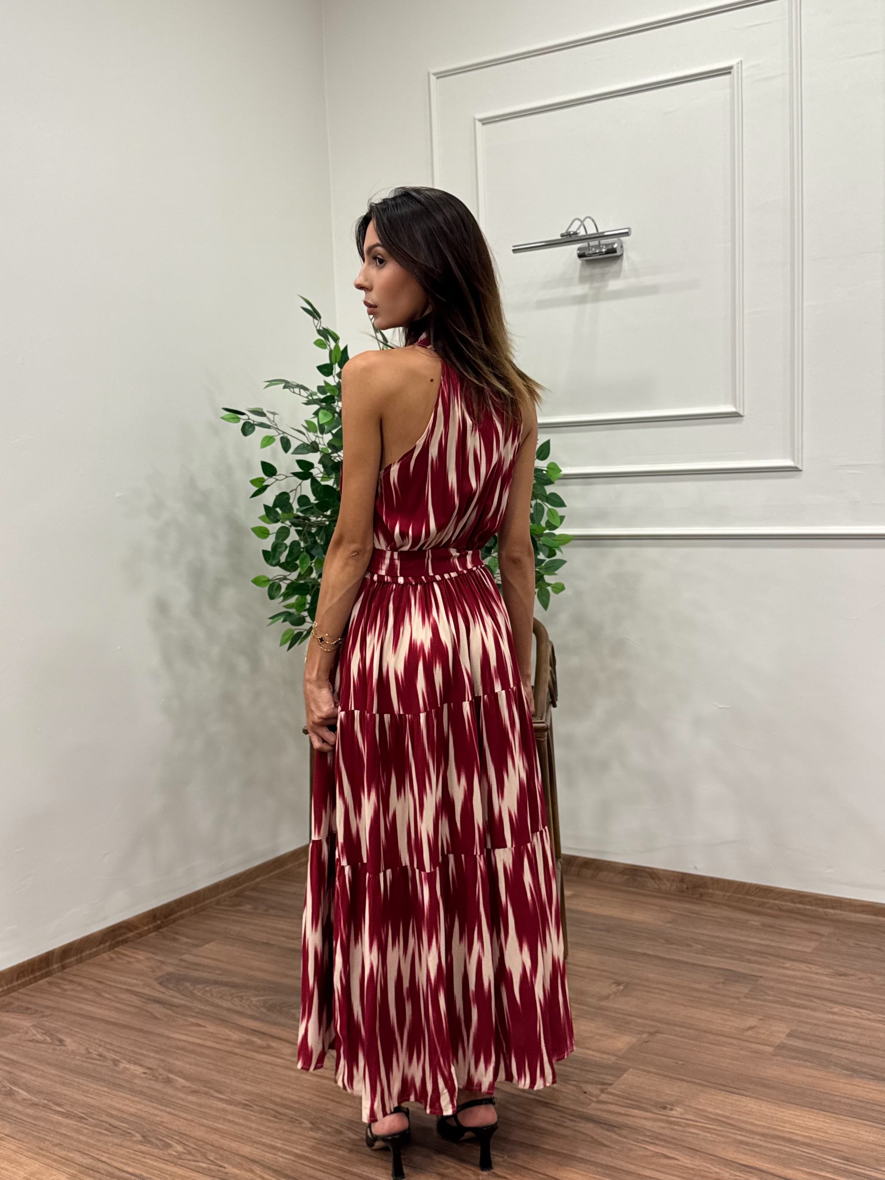 Viskon Kumaş Etnik Desen Bordo Elbise