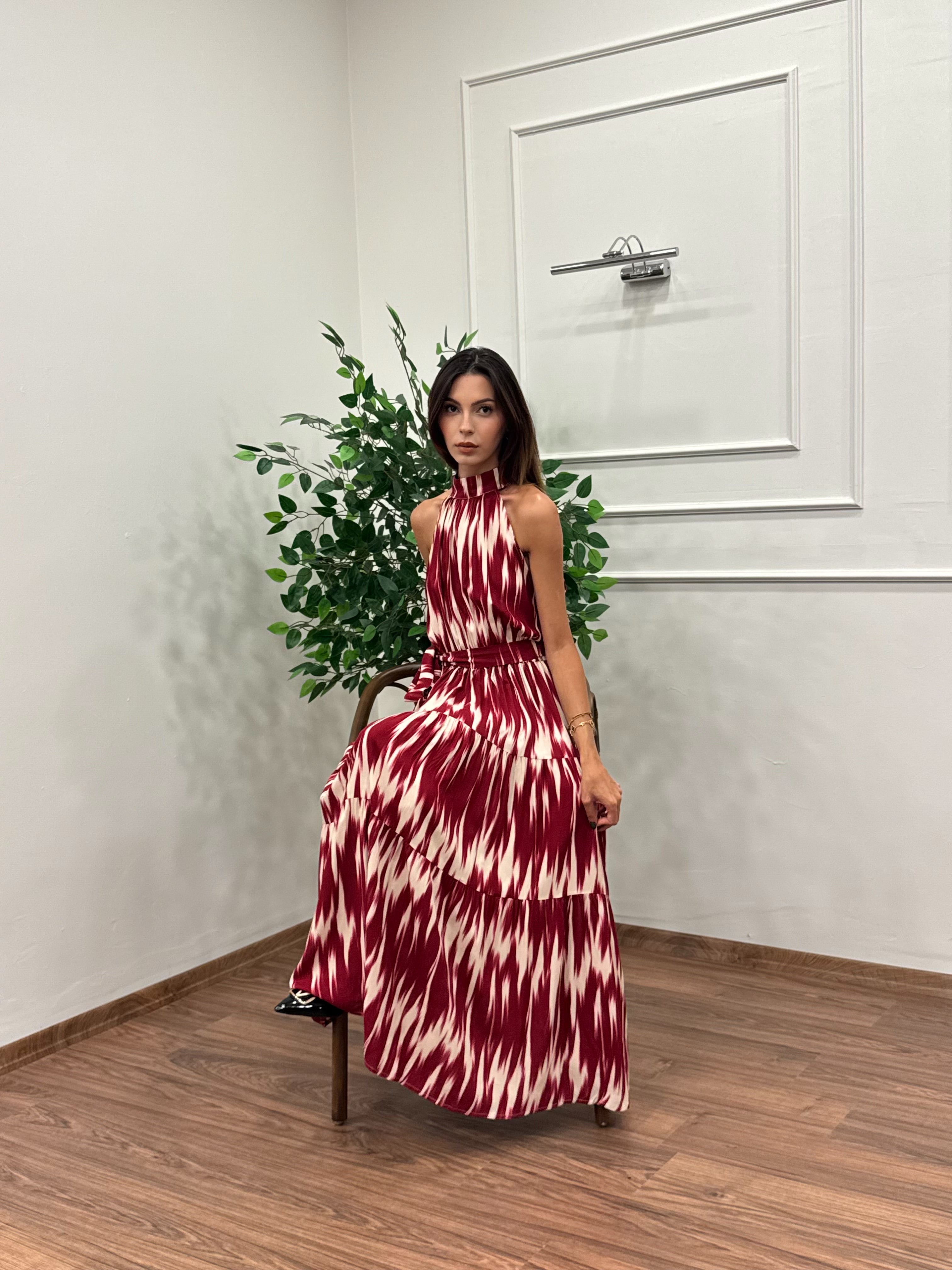 Viskon Kumaş Etnik Desen Bordo Elbise