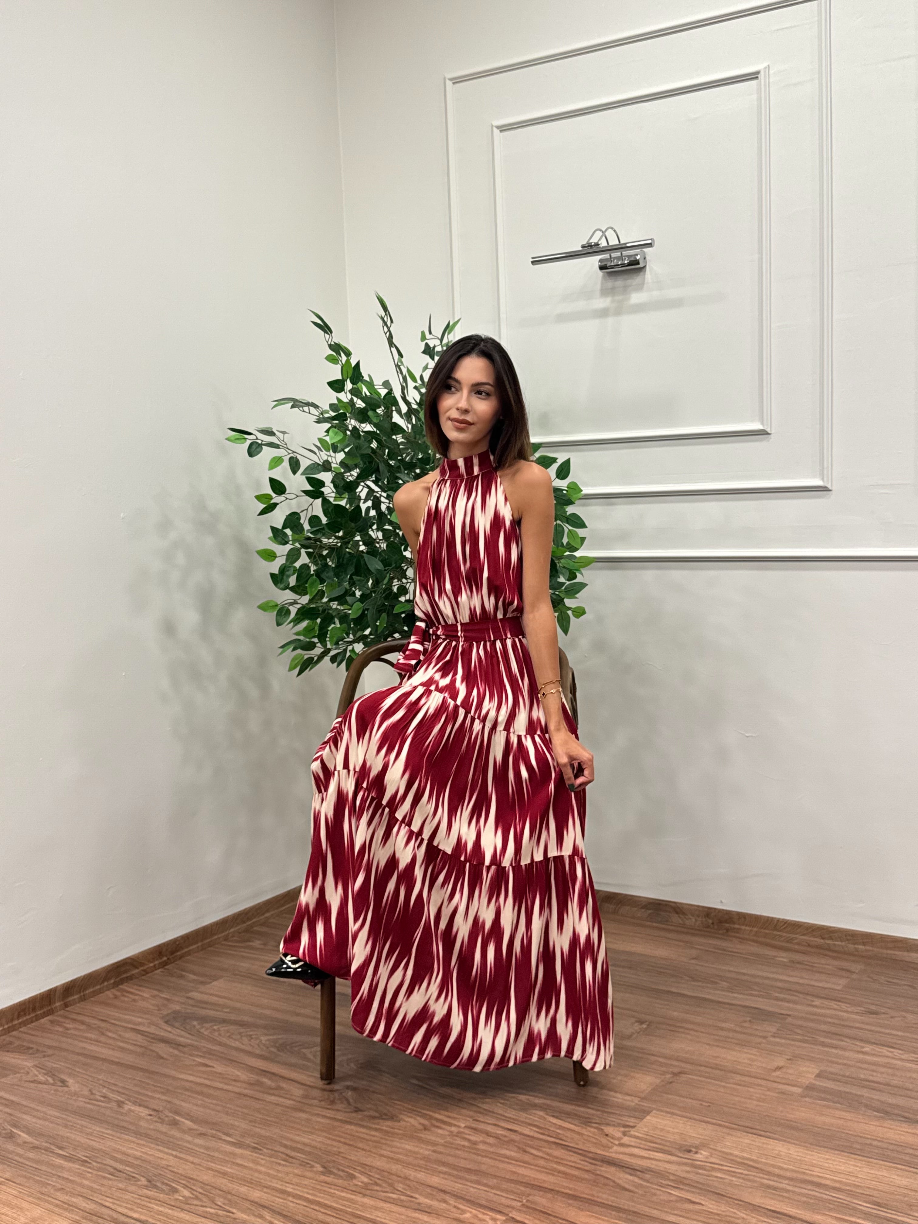 Viskon Kumaş Etnik Desen Bordo Elbise