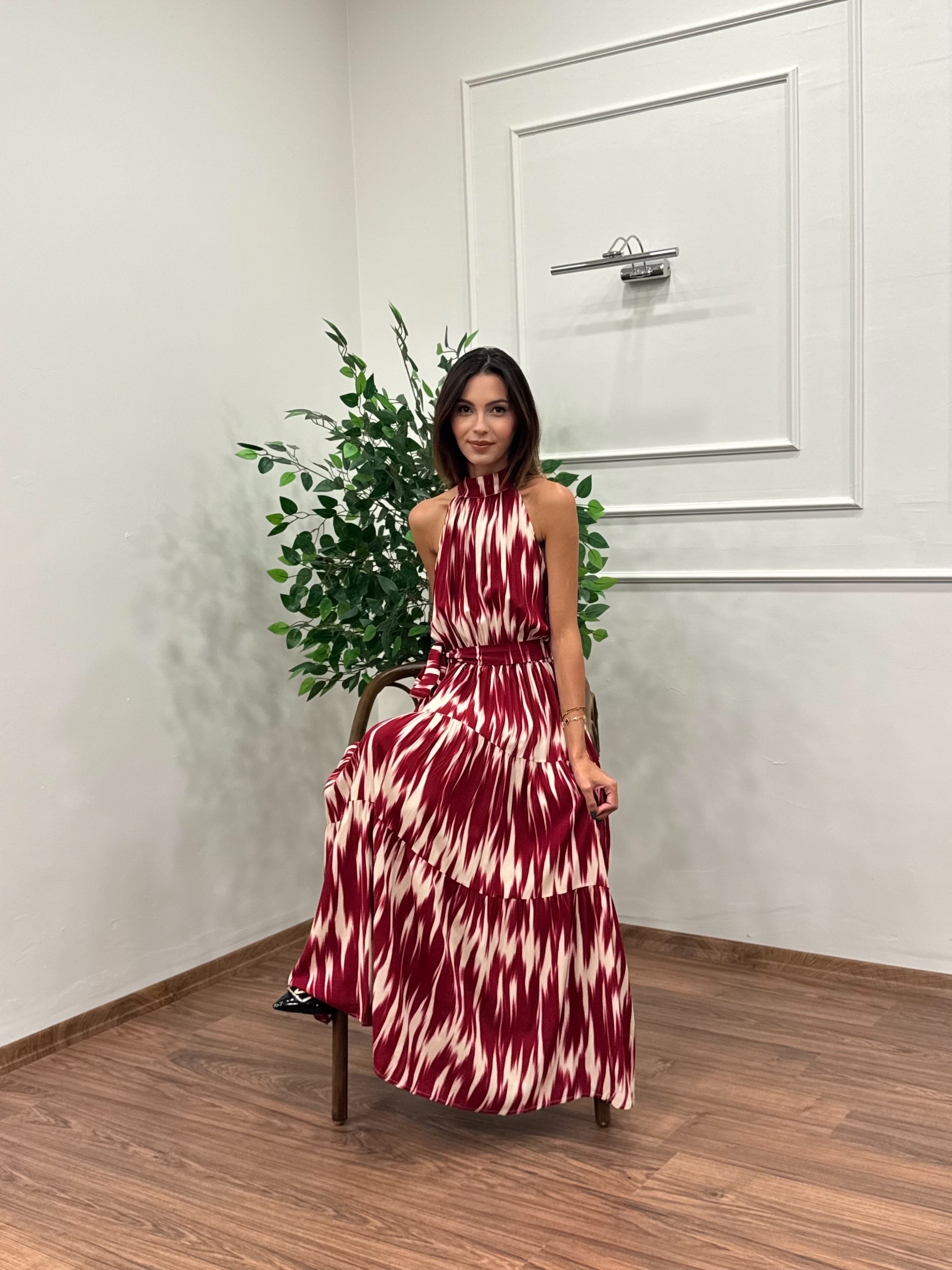 Viskon Kumaş Etnik Desen Bordo Elbise