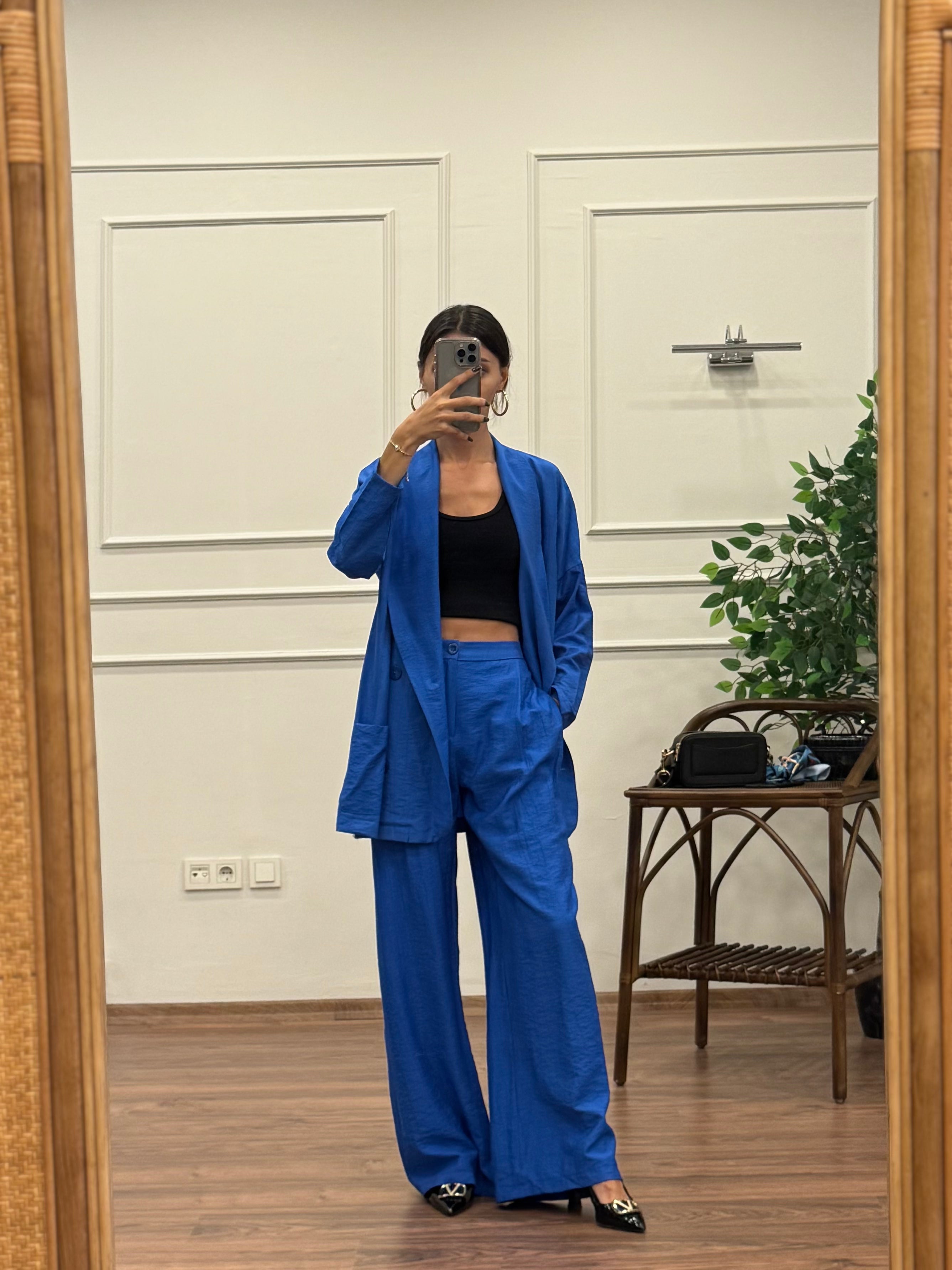 Müslin Blazer Ceket Pantolon Lacivert Takım