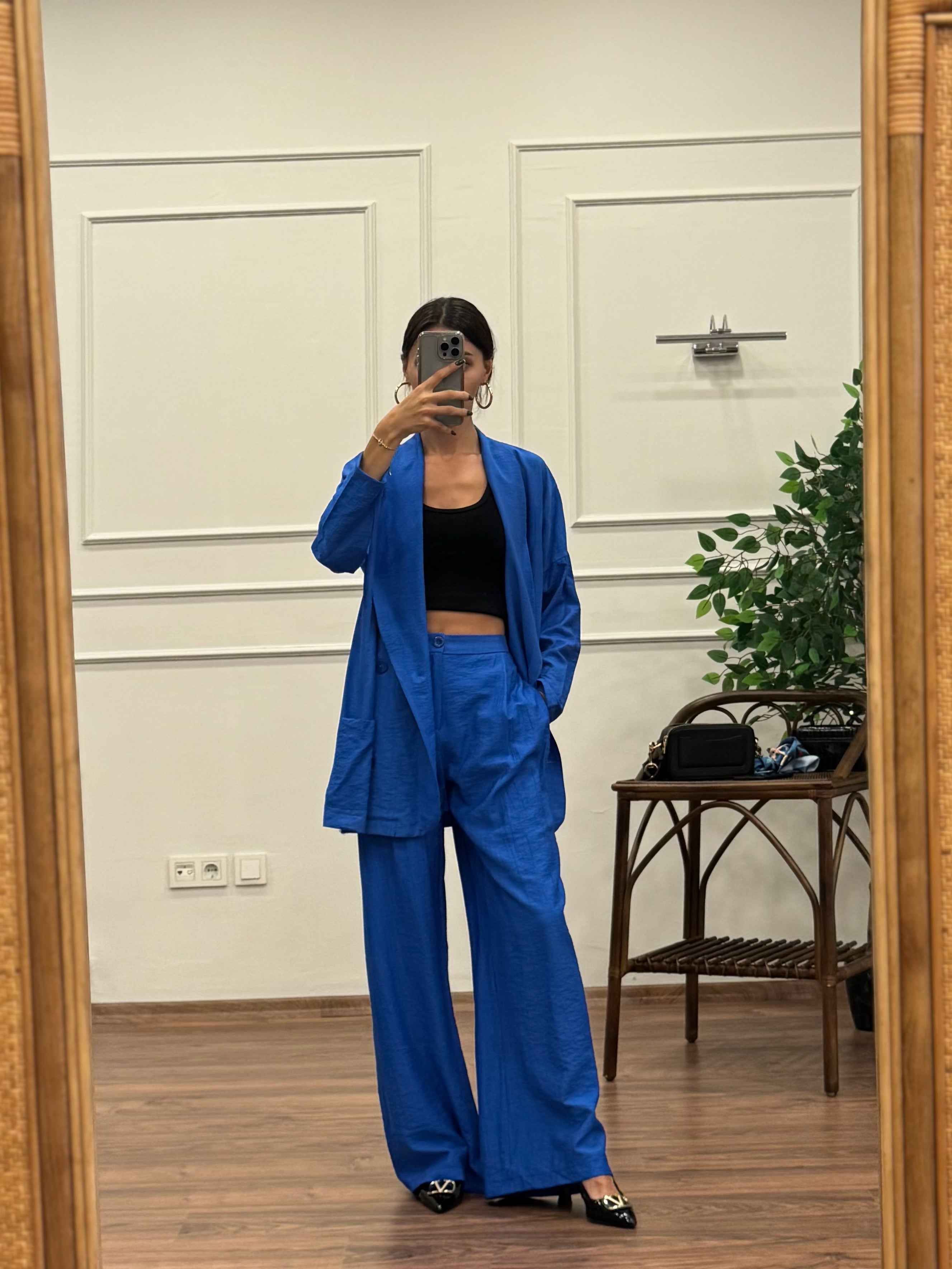 Müslin Blazer Ceket Pantolon Lacivert Takım