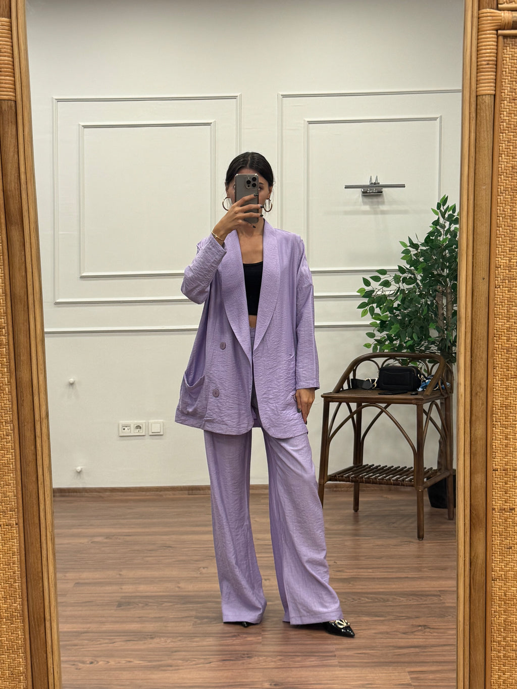 Müslin Blazer Ceket Pantolon Mor Takım